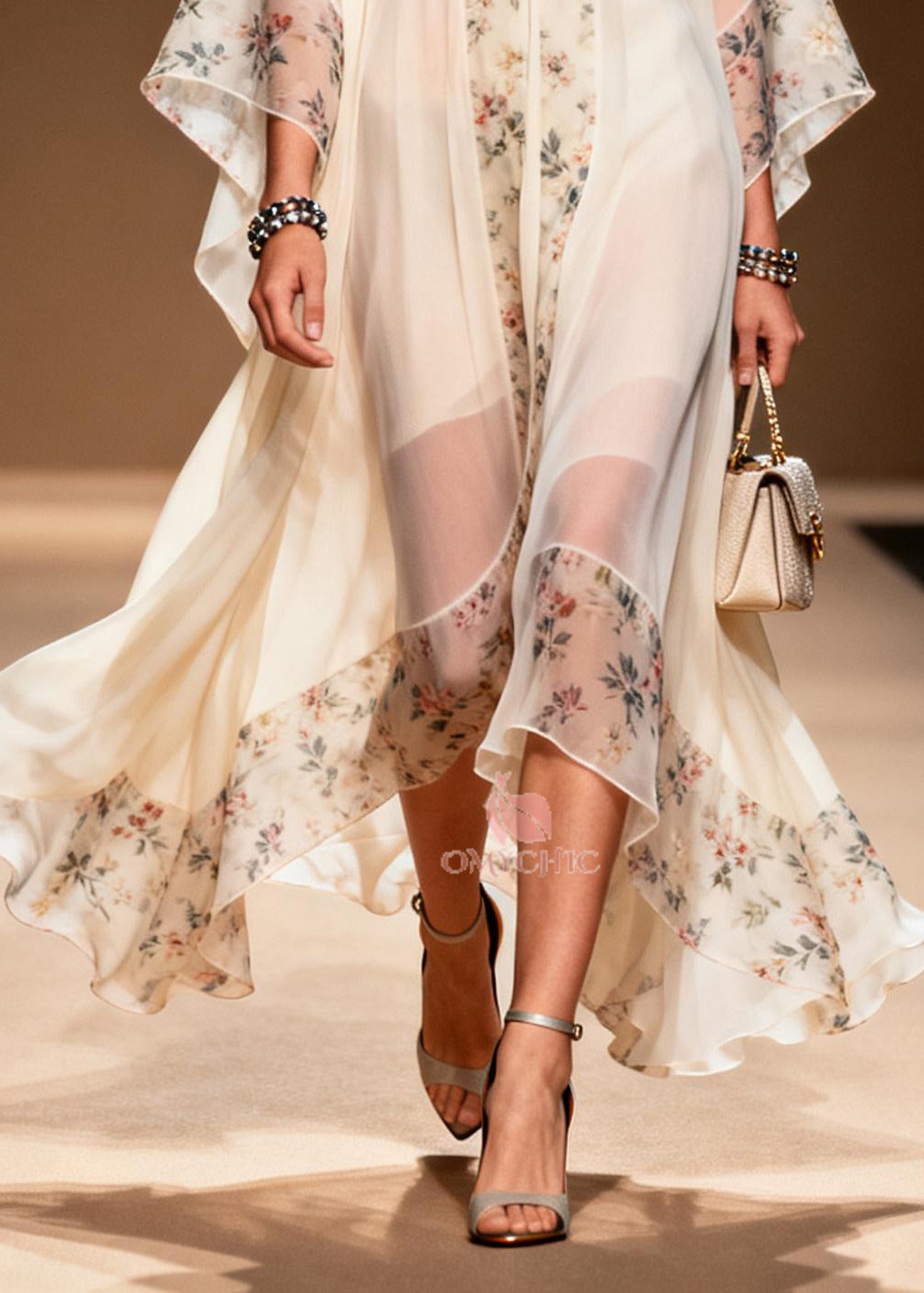 Deep V-Neck Kimono Sleeve Floral Trim Chiffon Midi Dress - View 4