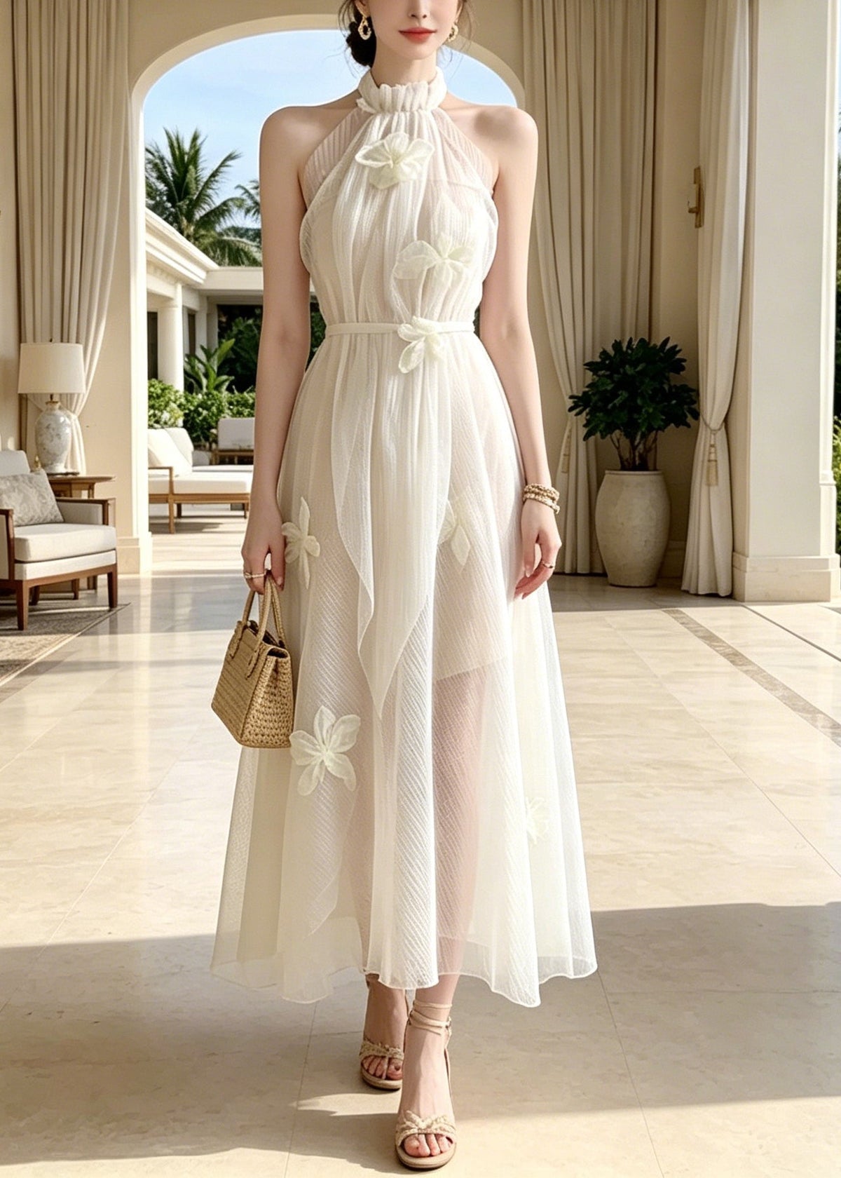 Tulle Halter Neck Ruffle 3D Floral A-Line Maxi Dress