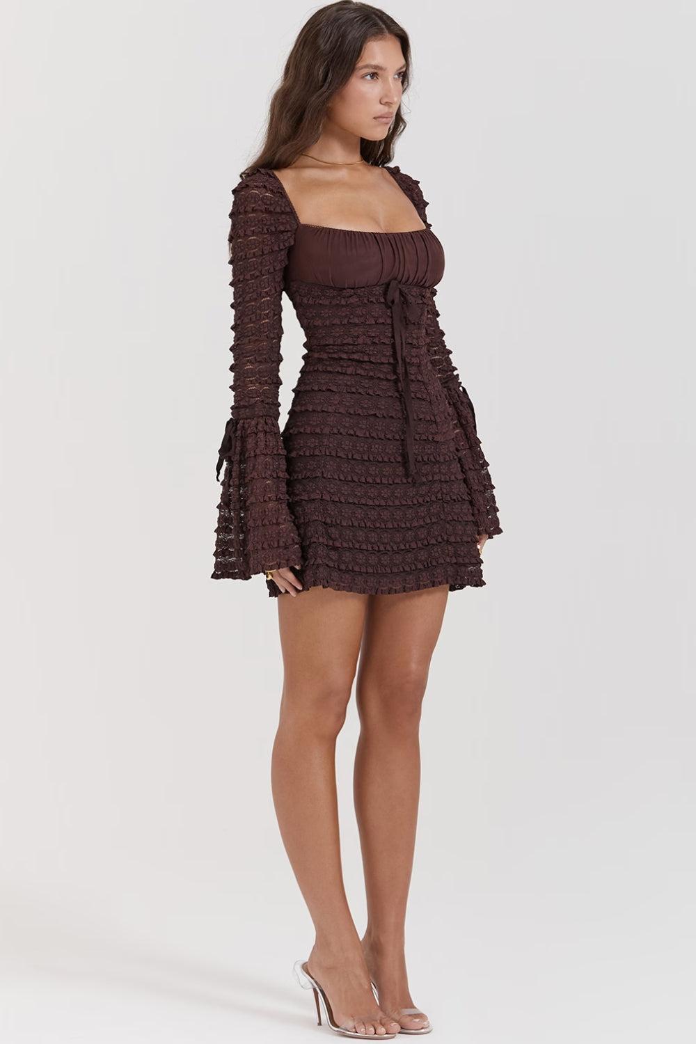 Textured Square-Neck Bell-Sleeve Tie-Front Ruched Mini Dress 5