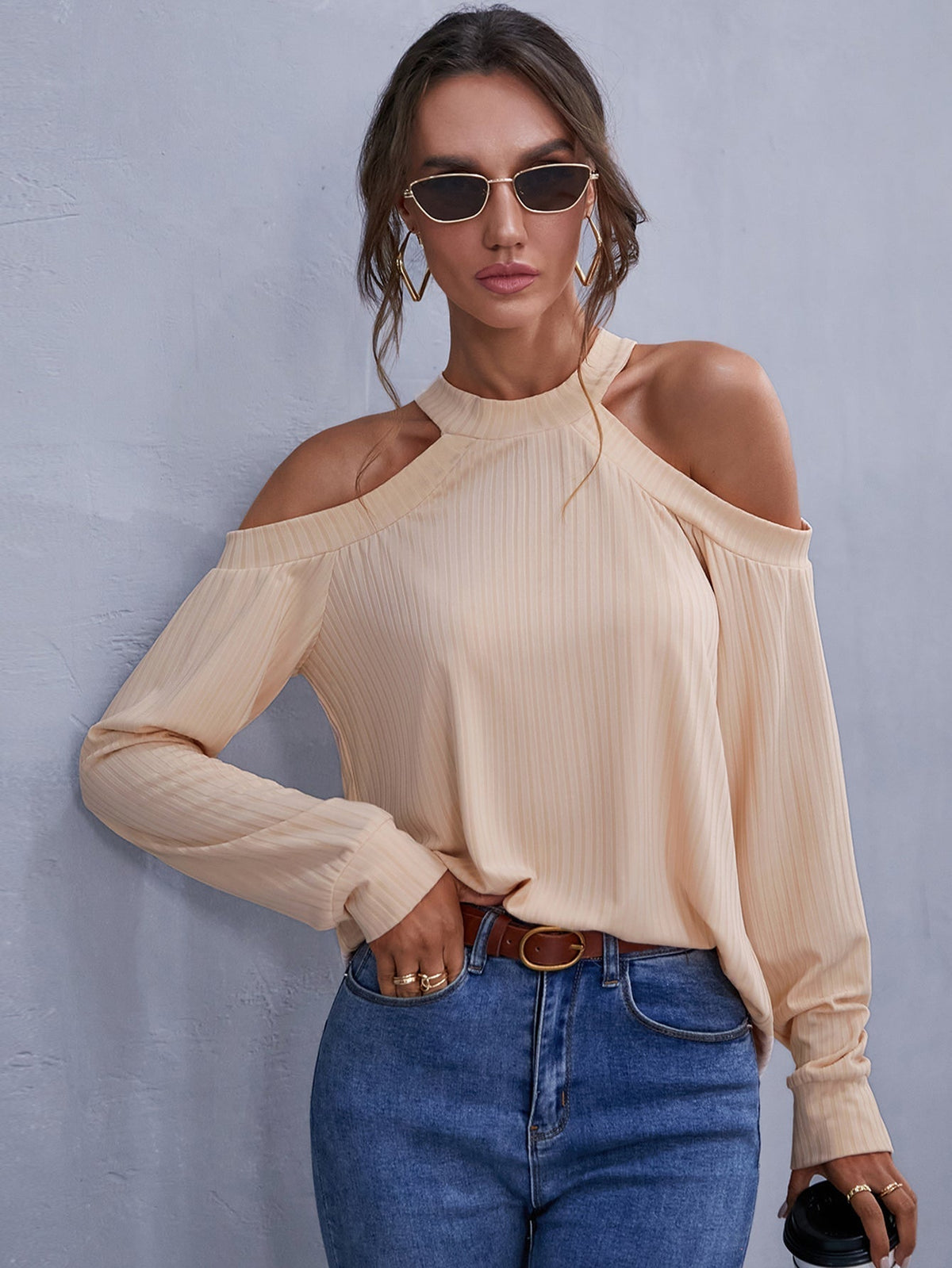 KittenAlarm - Cold Shoulder Rib-Knit Top