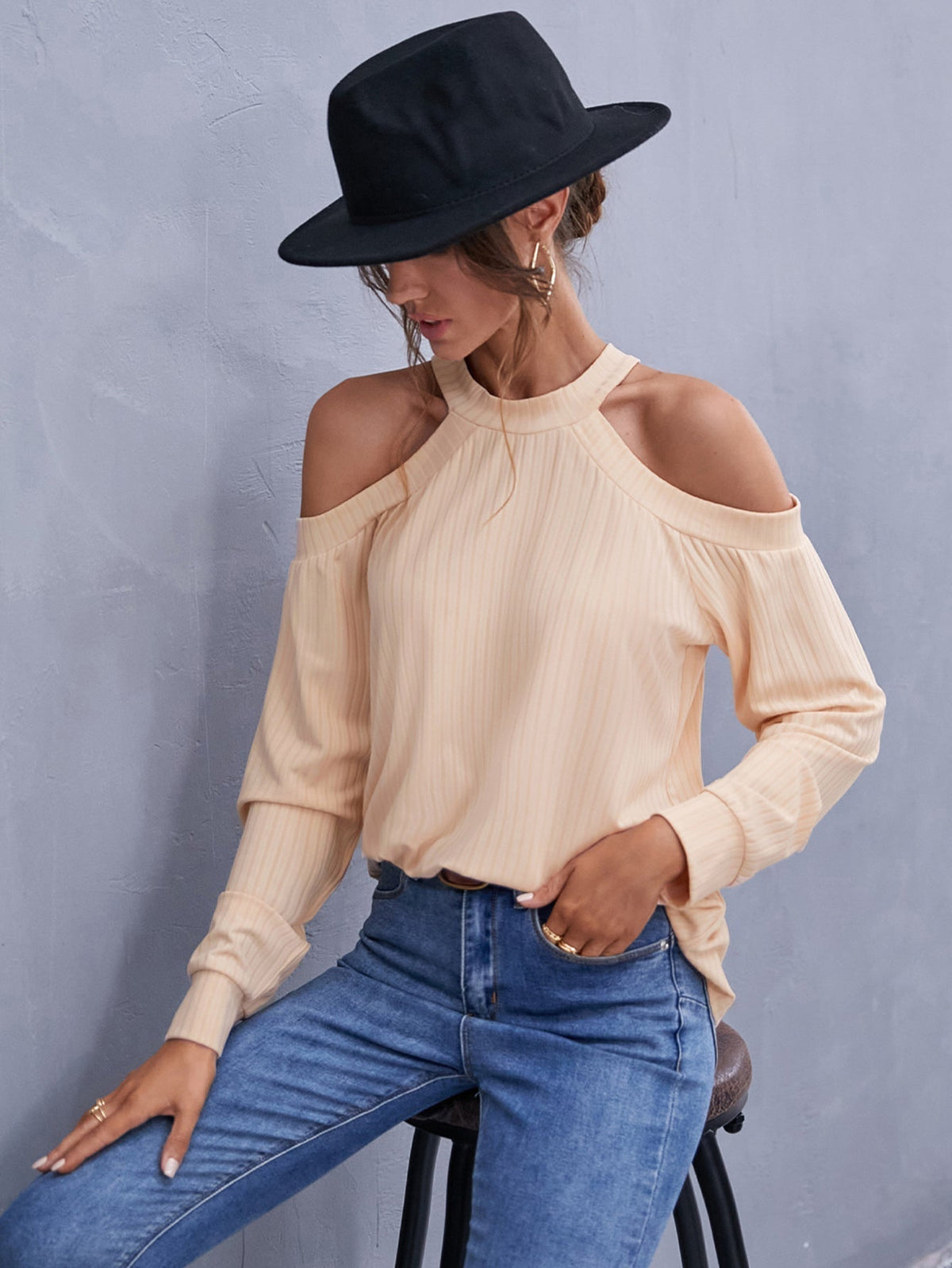 KittenAlarm - Cold Shoulder Rib-Knit Top