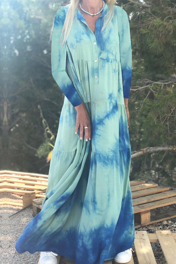 Tie-Dye Print Button-Front Long Sleeve Tiered Maxi Dress