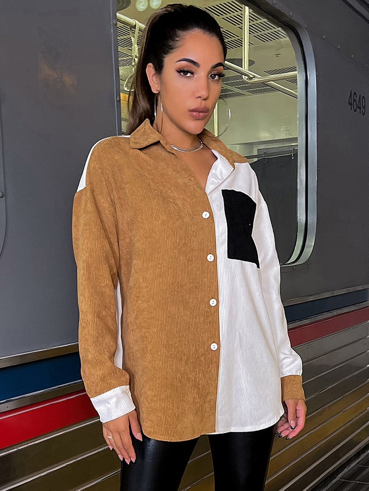KittenAlarm - Color-block Drop Shoulder Button Front Blouse