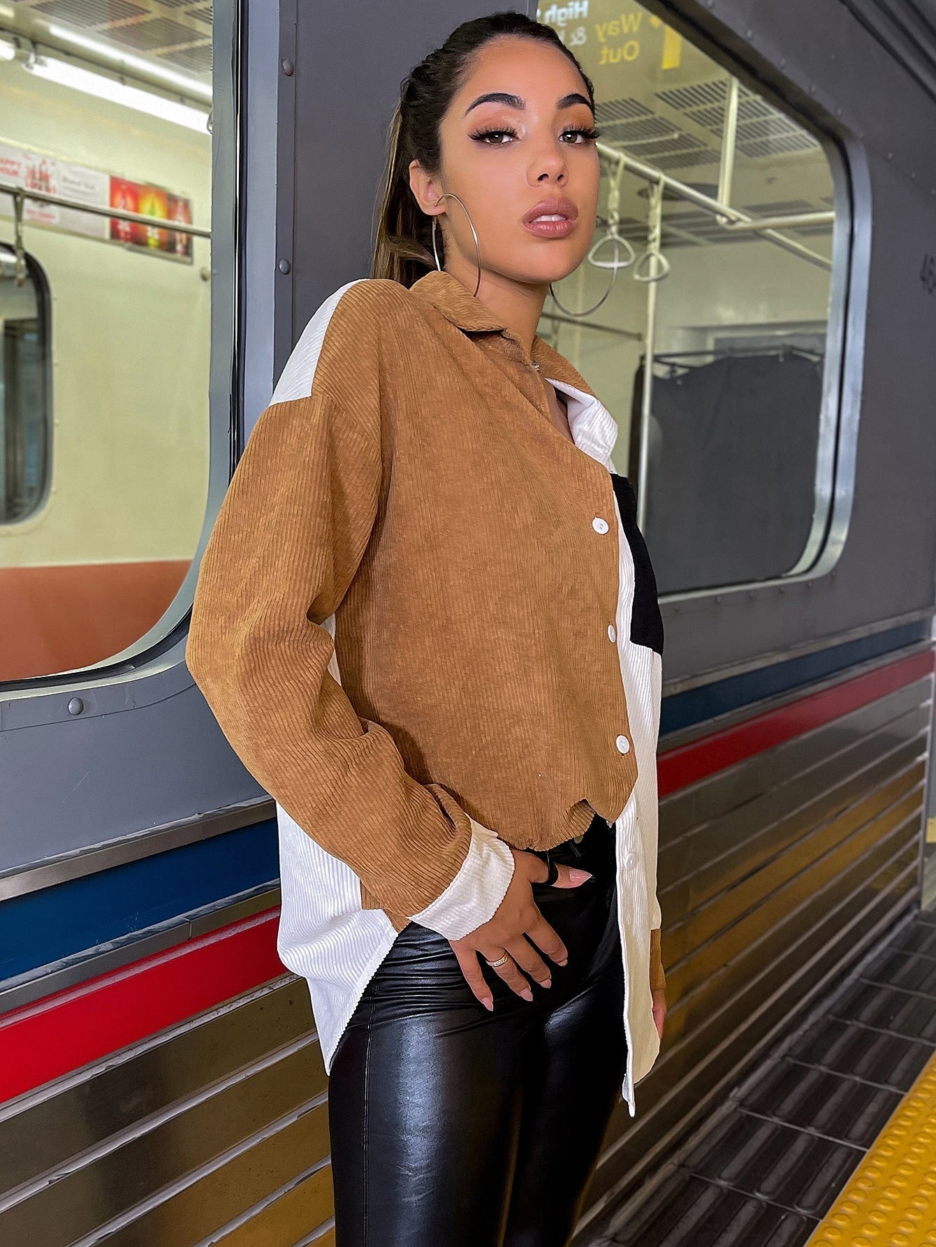 Color-block Drop Shoulder Button Front Blouse - Fashionpara