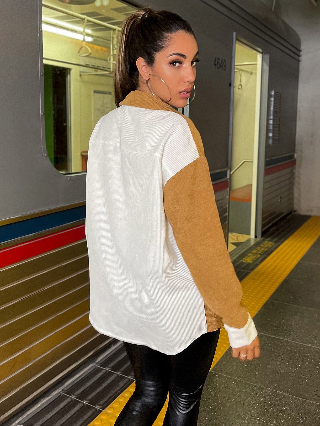 Color-block Drop Shoulder Button Front Blouse - Fashionpara