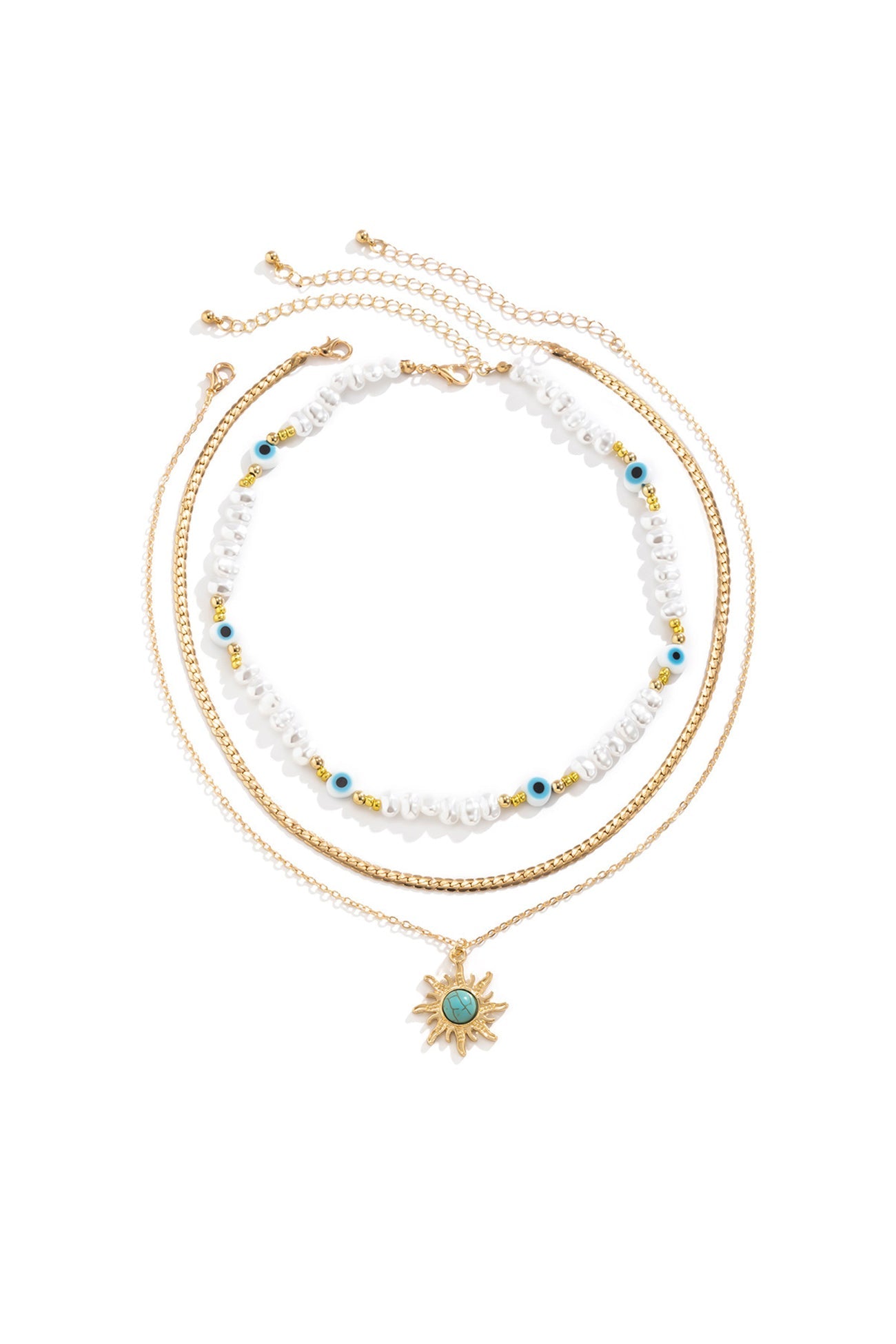 Color-blocked Eye Pearl Pendant Necklace Set