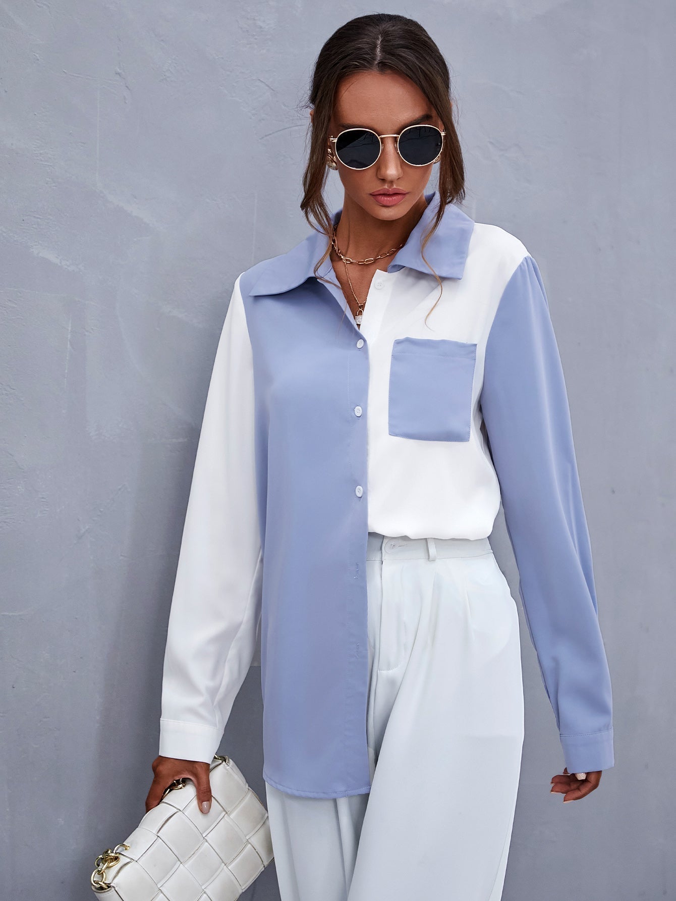 Colorblock Patch Pocket Blouse - Fashionpara