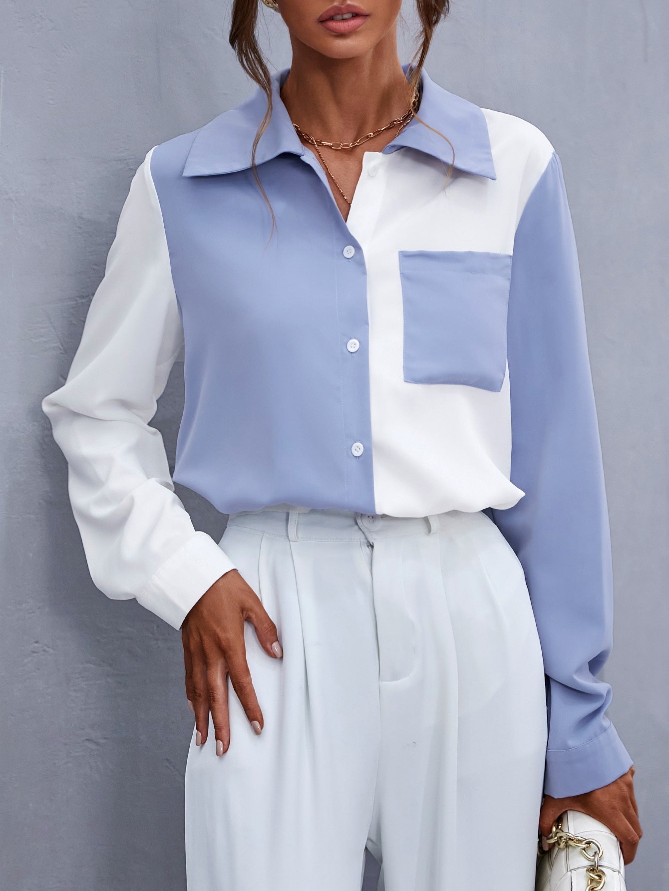 Colorblock Patch Pocket Blouse - Fashionpara