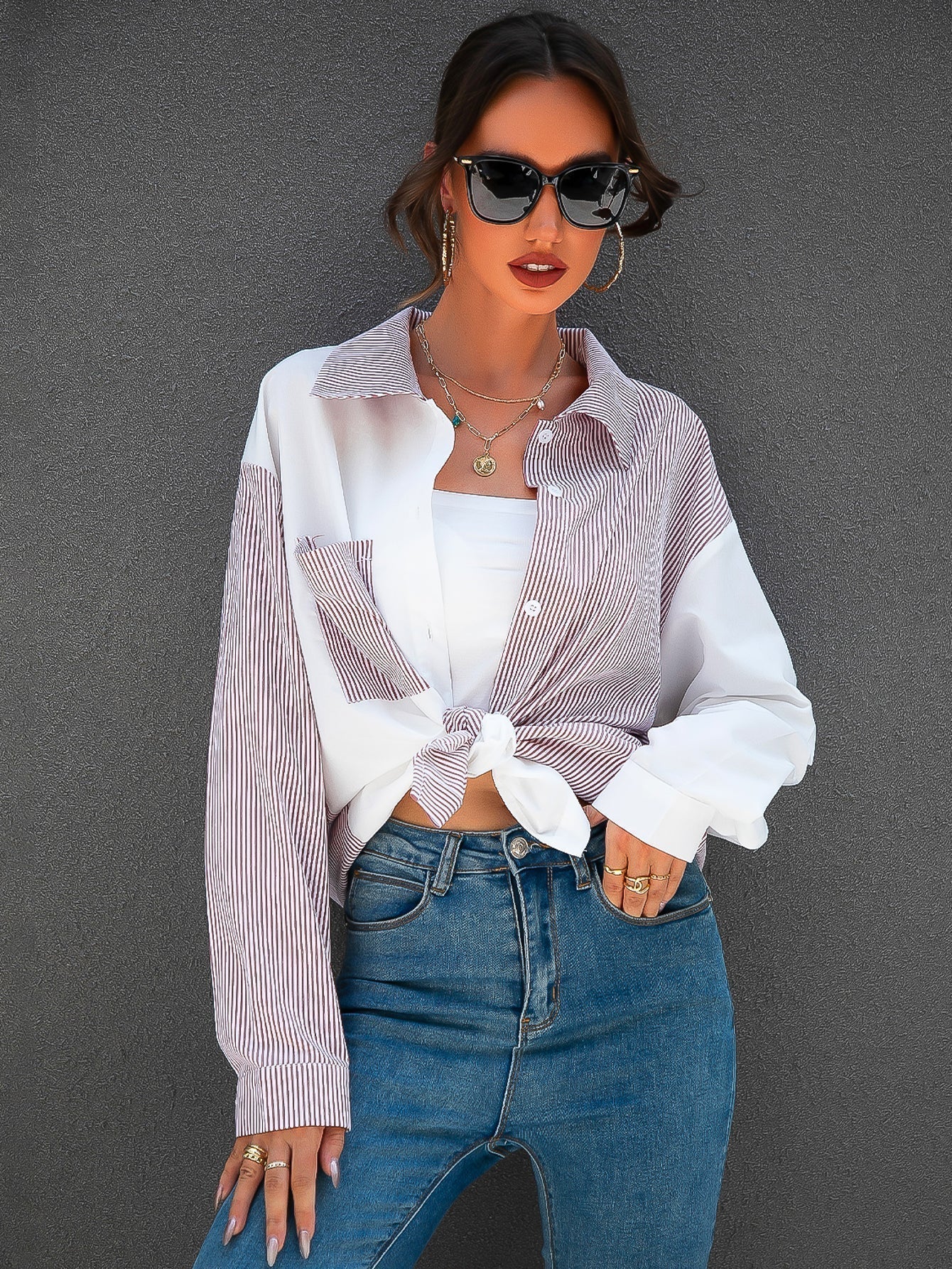 Colorblock Patch Pocket Striped Blouse - Fashionpara