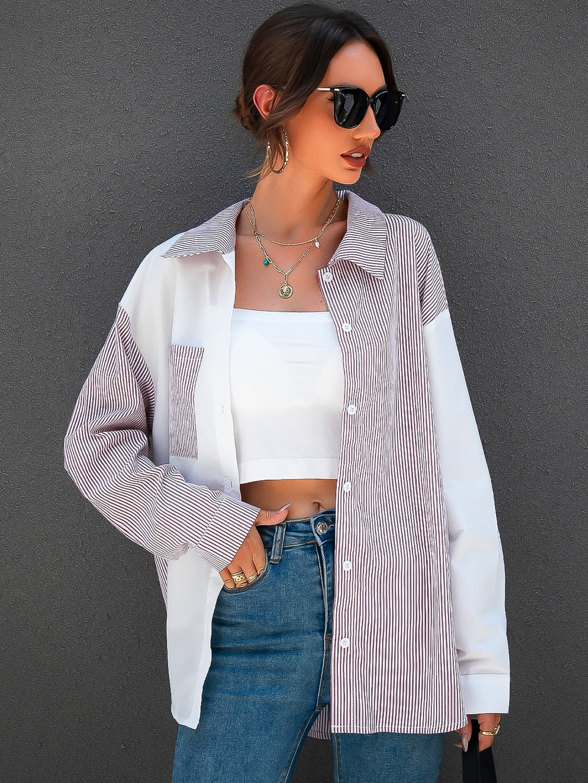 KittenAlarm - Colorblock Patch Pocket Striped Blouse