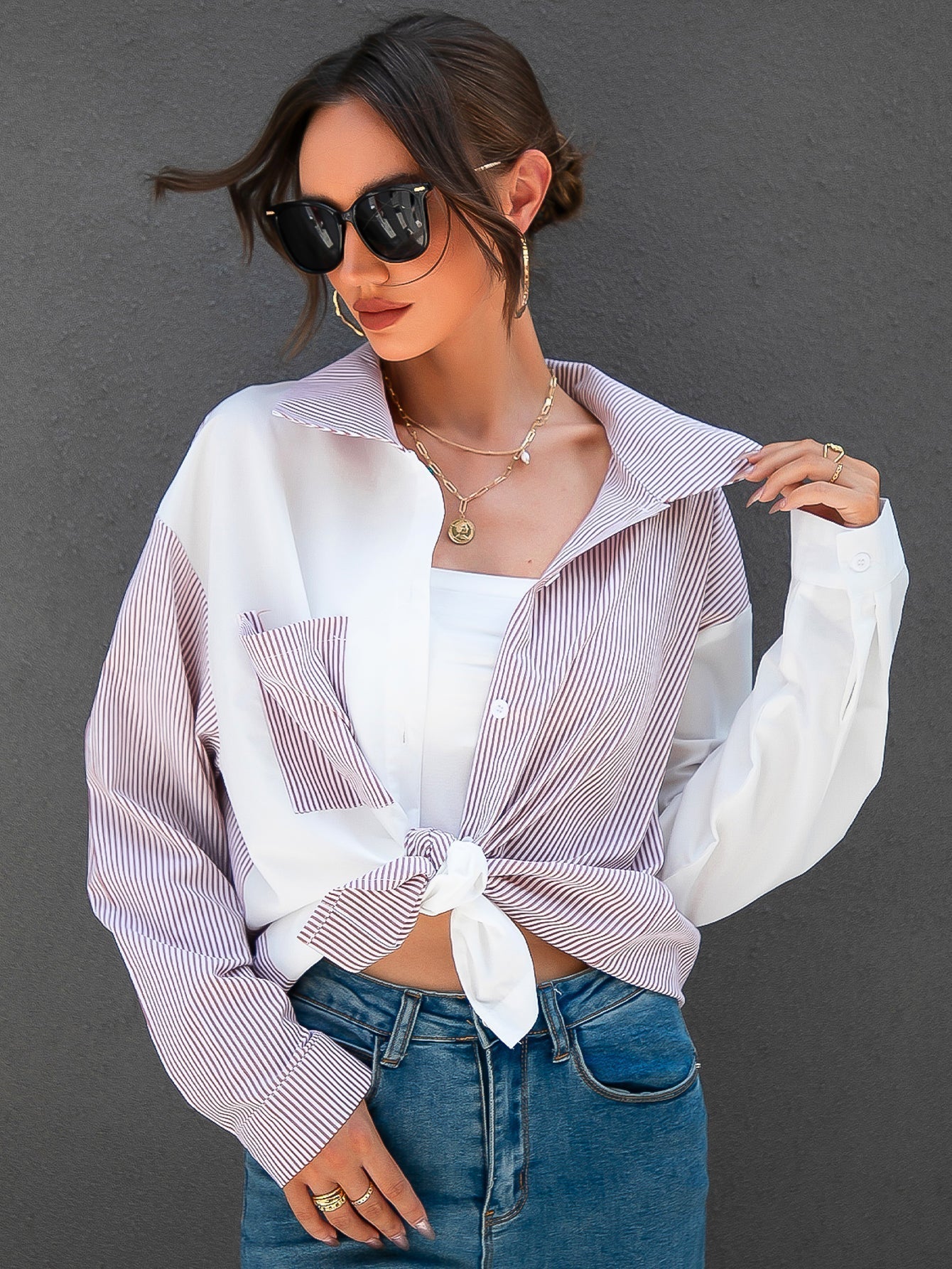 Colorblock Patch Pocket Striped Blouse - Fashionpara