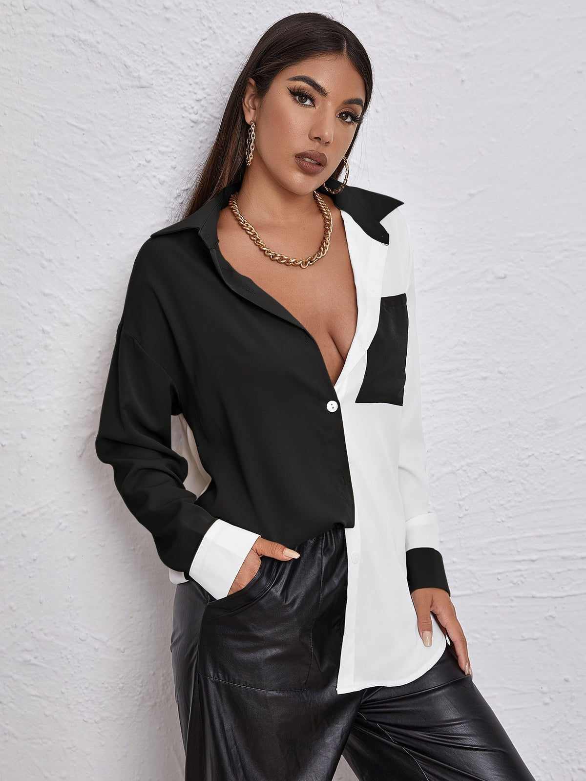 KittenAlarm - Colorblock Pocket Front Blouse