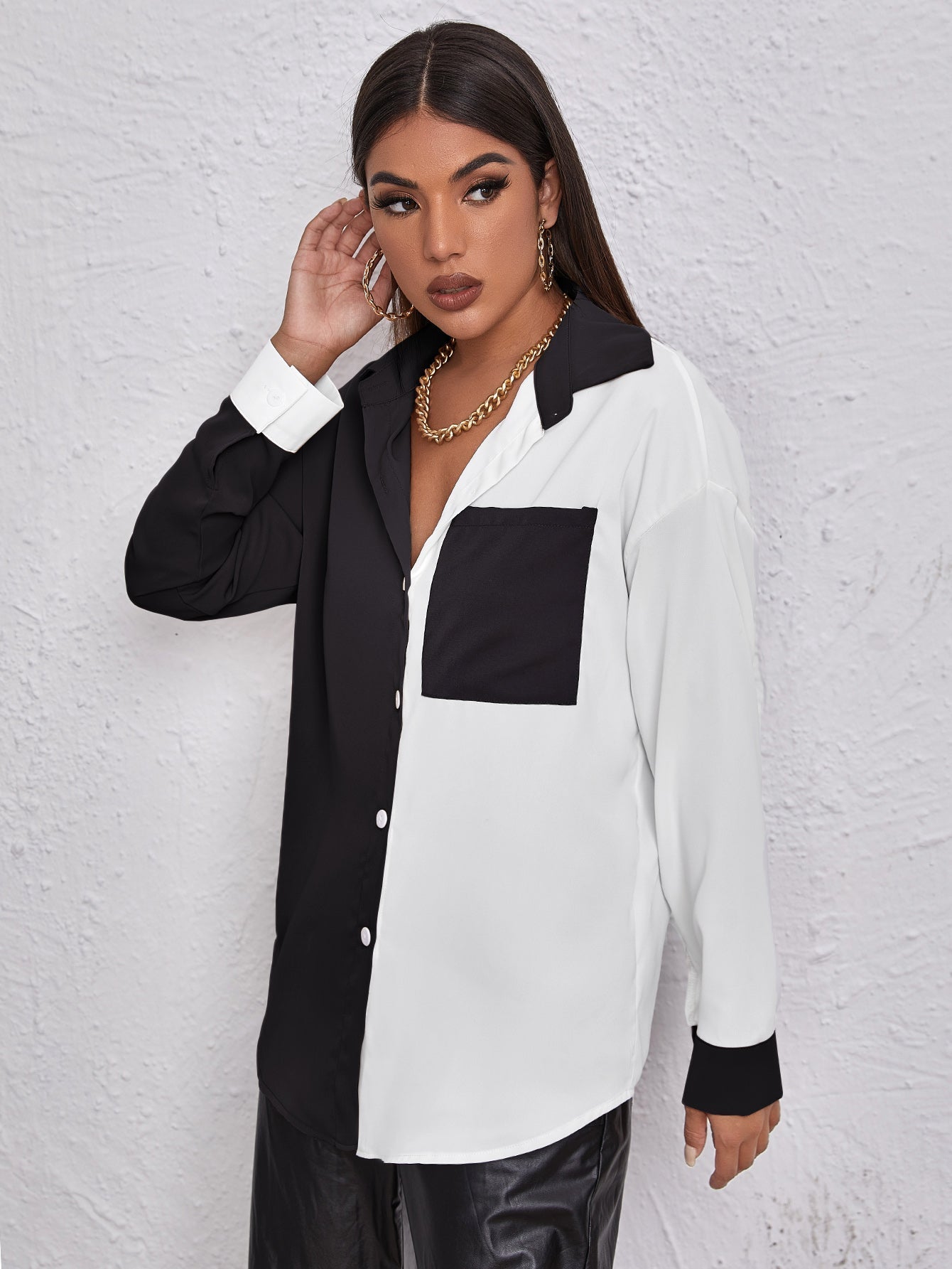 Colorblock Pocket Front Blouse - Fashionpara