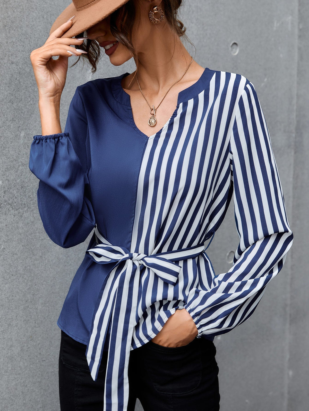 KittenAlarm - Colorblock Striped Self Tie Blouse
