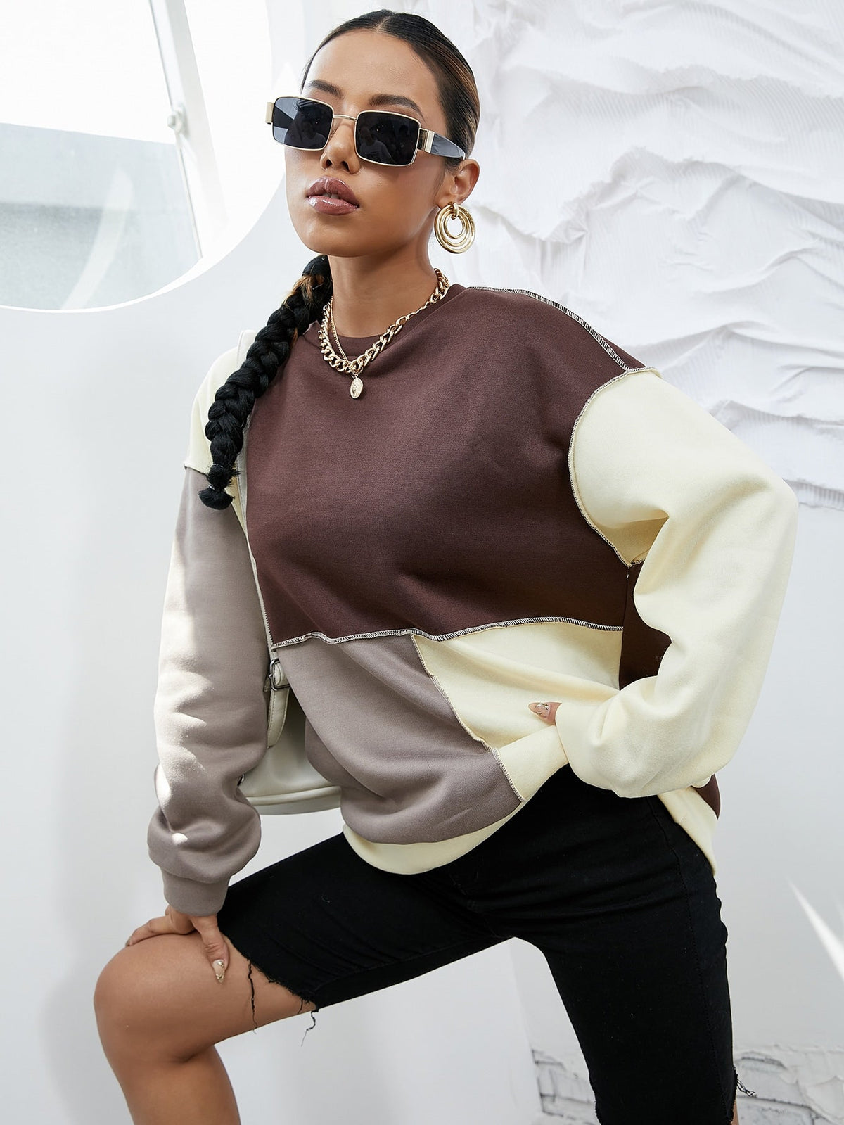 KittenAlarm - Colorblock Topstitching Drop Shoulder Sweatshirt