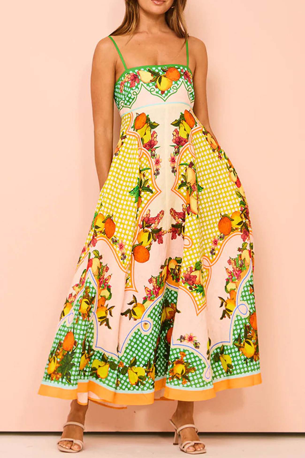 Colorful Fruit Printed Linen Cami Dress