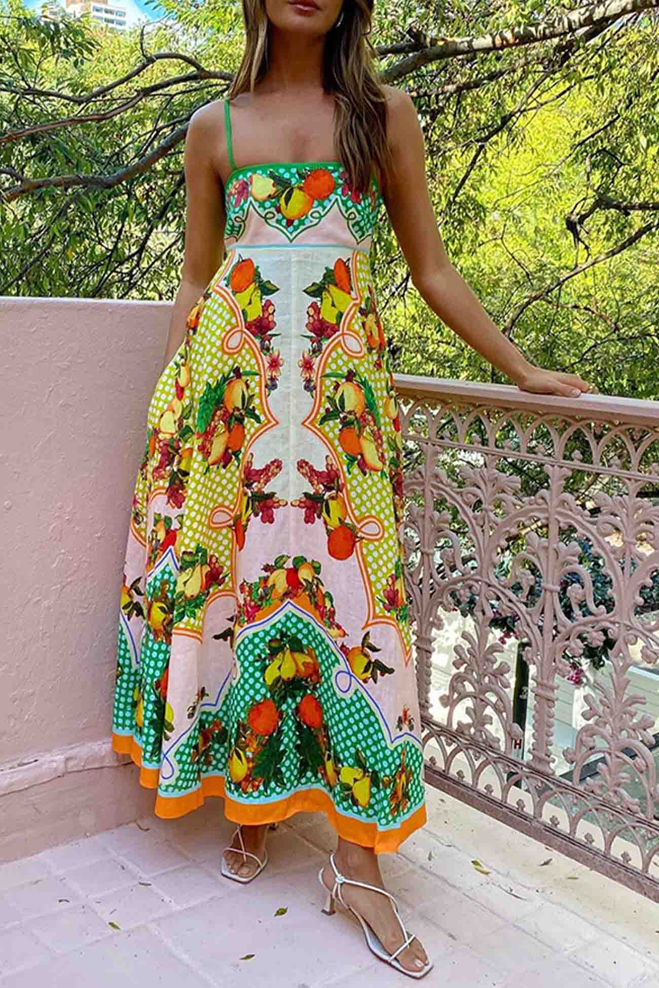 Colorful Fruit Printed Linen Cami Dress