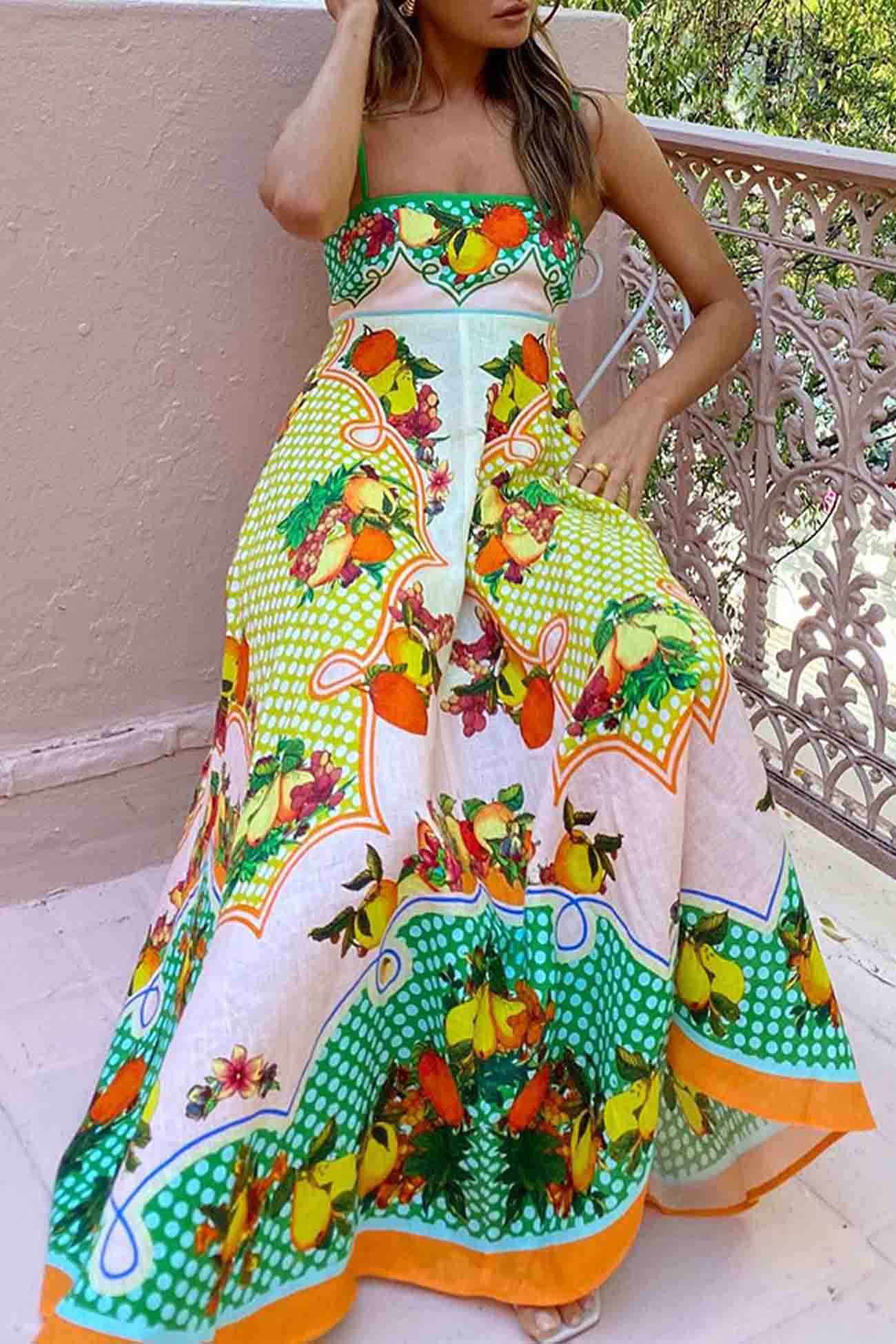 Colorful Fruit Printed Linen Cami Dress