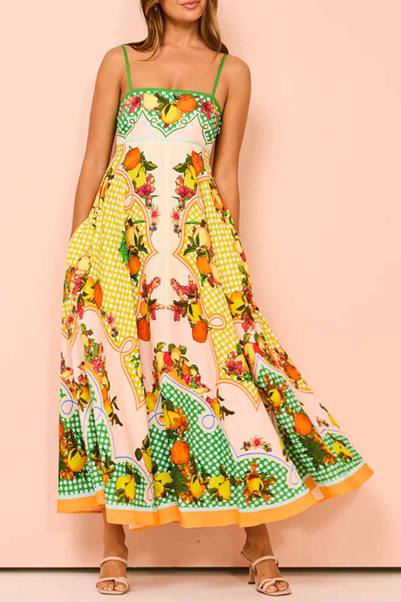 Colorful Fruit Printed Linen Cami Dress