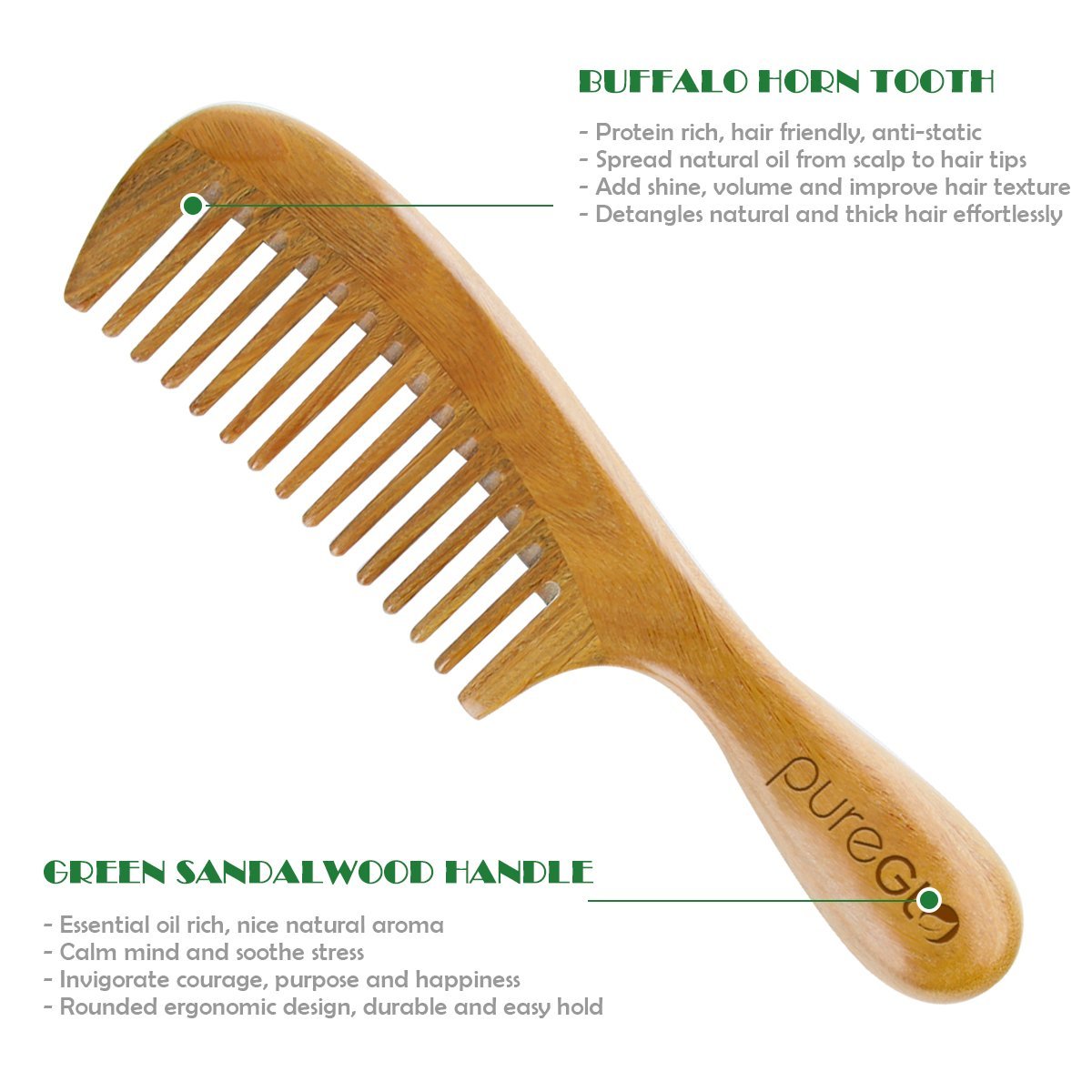Green Sandalwood Wide Tooth Aroma Handmade Hair Comb