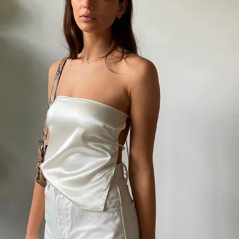 Satin Tie-Up Tube Crop Top