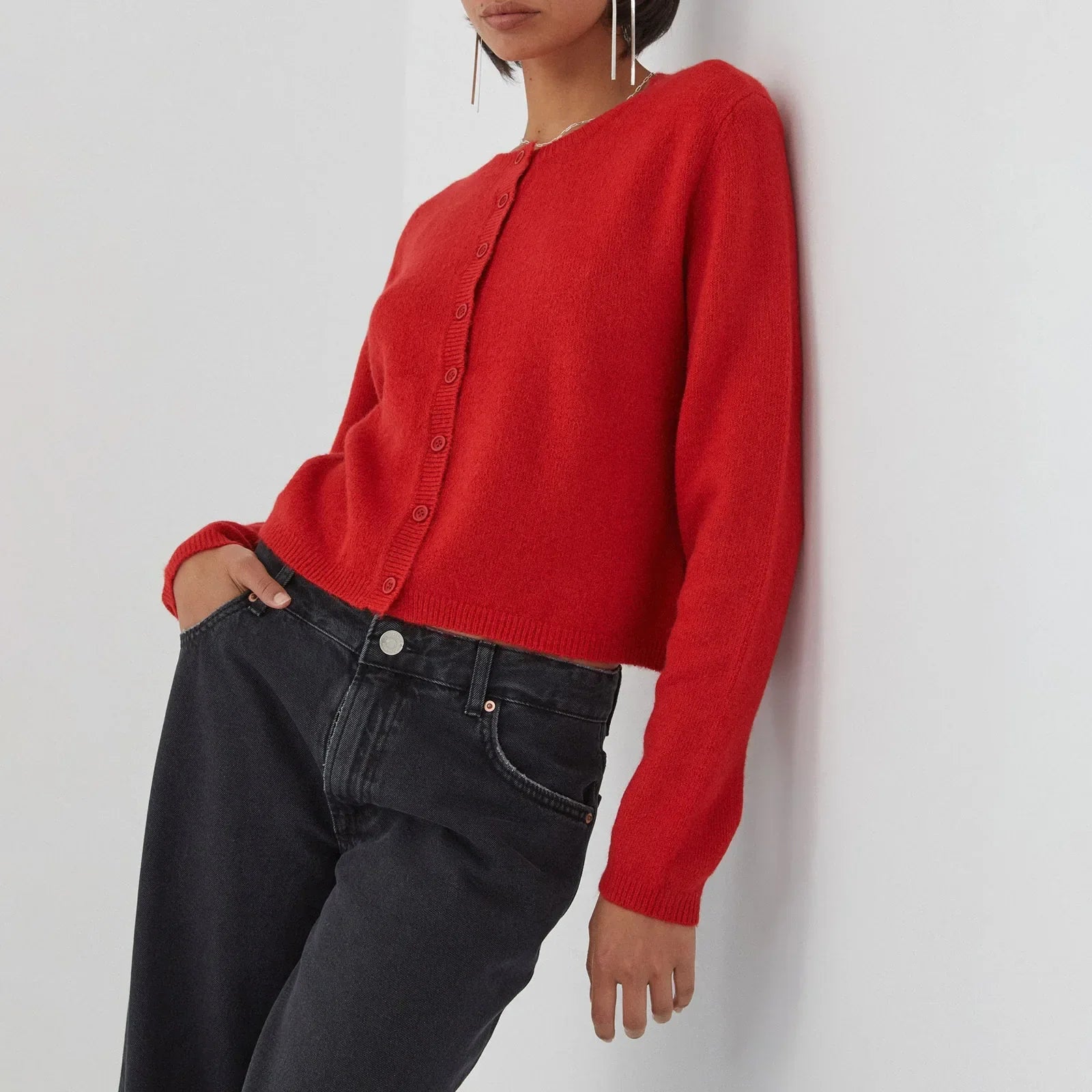 Solid Vintage Round Neck Button Cardigan