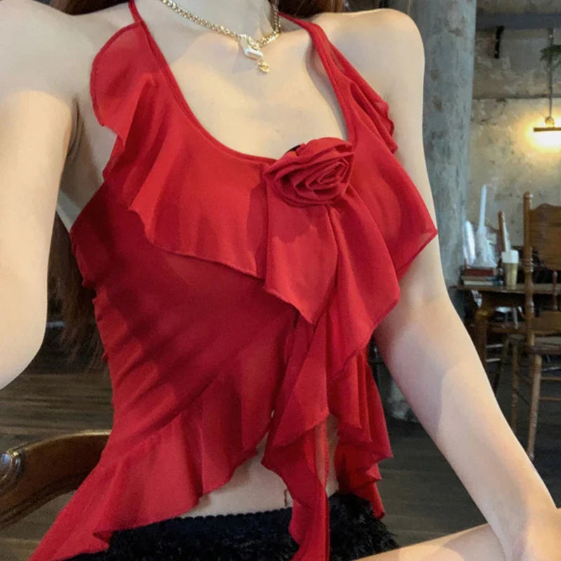 Smocked Ruffled Halter Crop Top