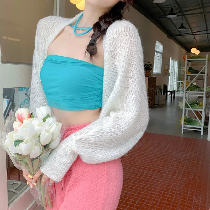 Transparent Sun Protection Open Front Cropped Knit Cardigan