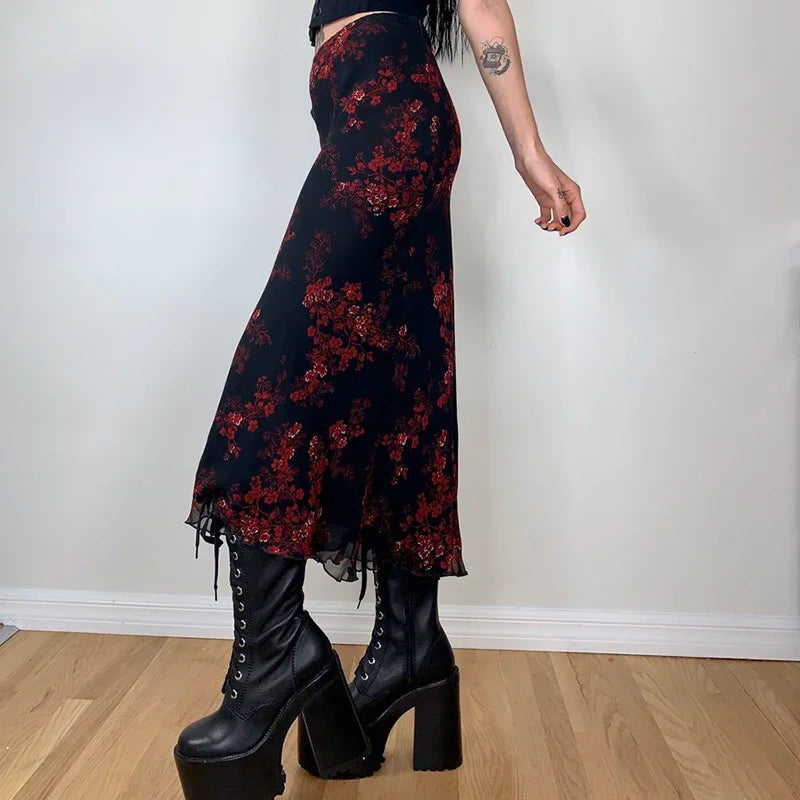 Y2K Retro Floral Printed High Waist Ruffled Women's Long Skirt