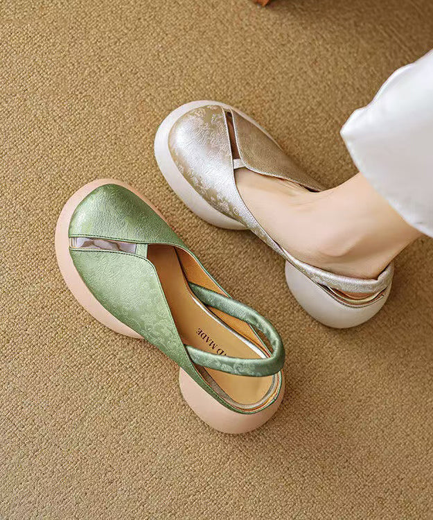 Comfy Hollow Leather Cowhide Chunky Out Splicing Green Sandals