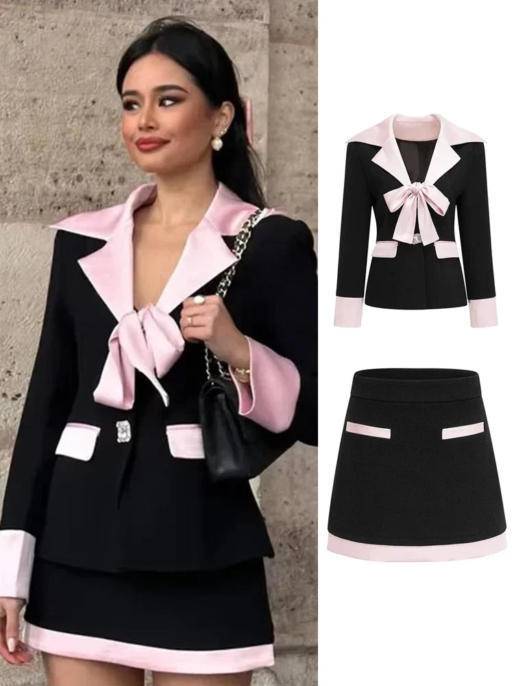 Contrast Bow Blazer Mini Skirt Office Two Piece Set