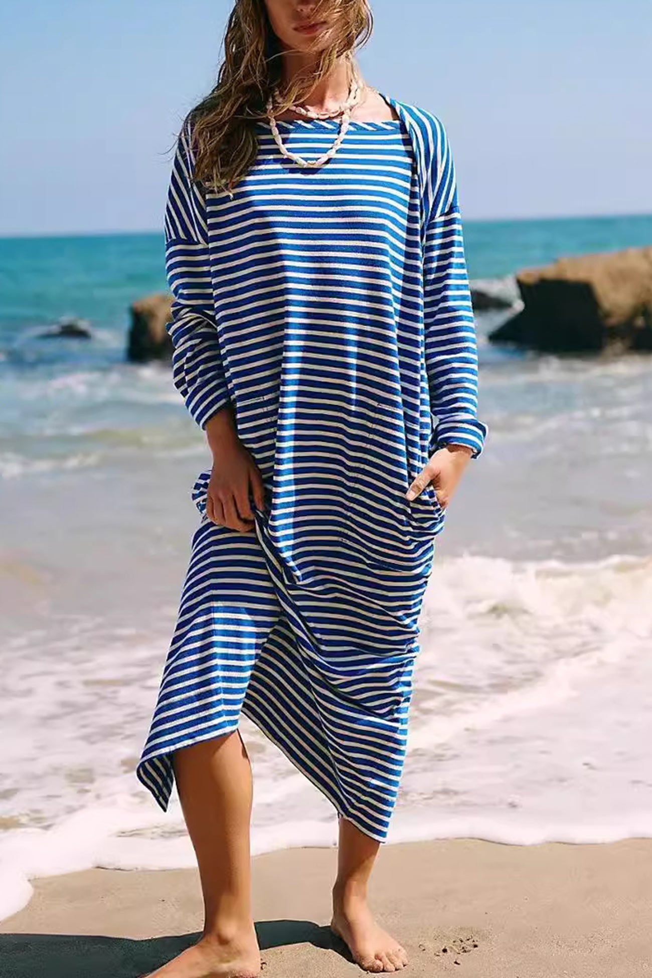 Contrast Color Striped Back Slit Dress