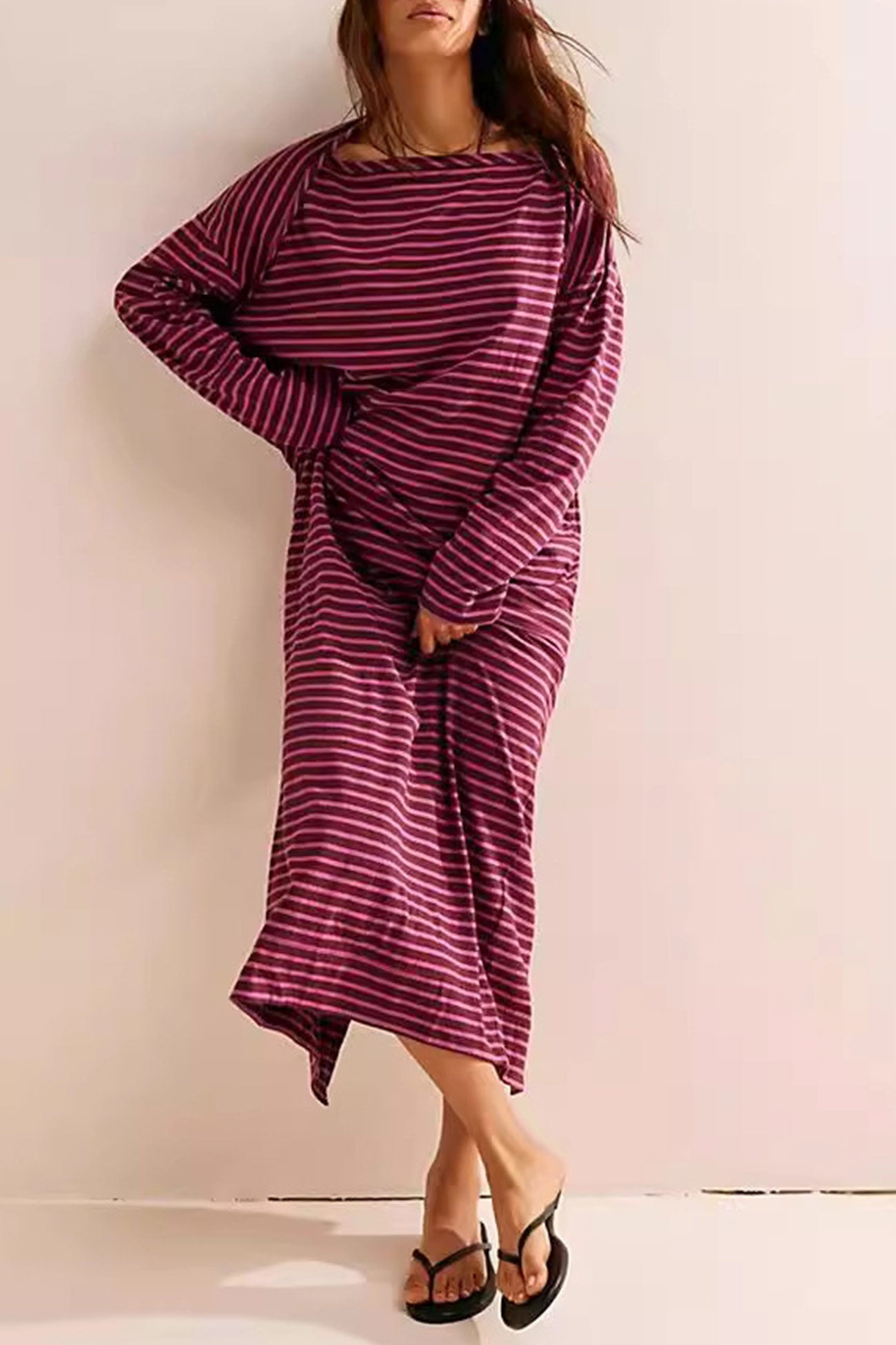 Contrast Color Striped Back Slit Dress