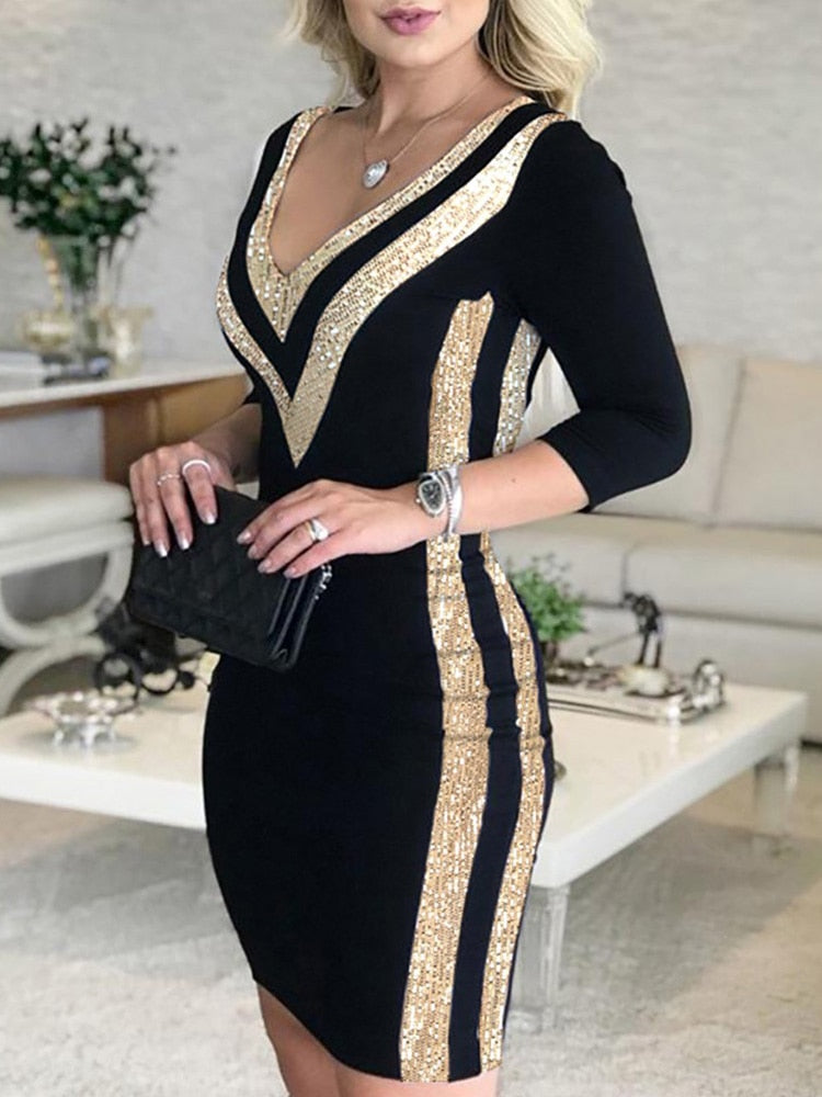 Sequin Stripe V-Neck Three-Quarter Sleeve Bodycon Mini Dress