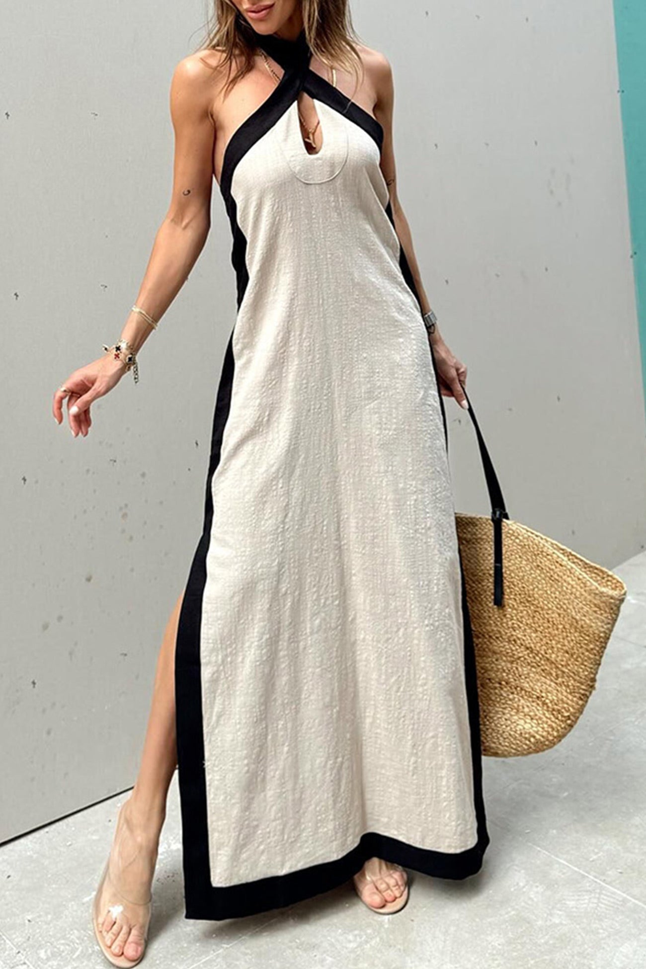 Contrast Cross Halter Neck Slit Dress - Fashionpara