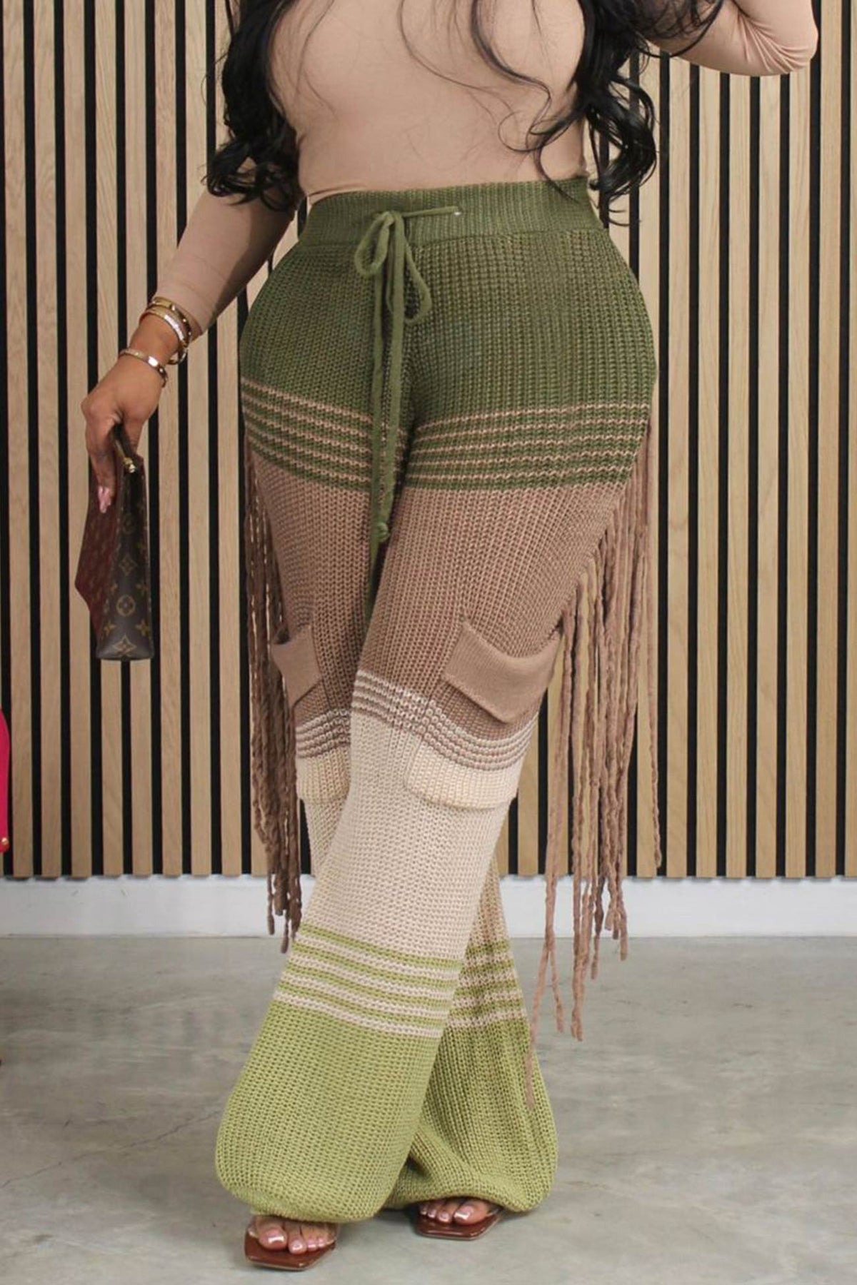 Contrast Fringe Crochet Knit Pants