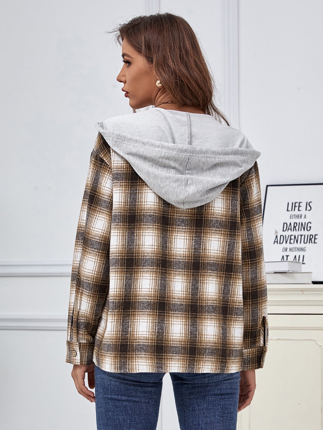 Contrast Hooded Plaid Blouse - Fashionpara