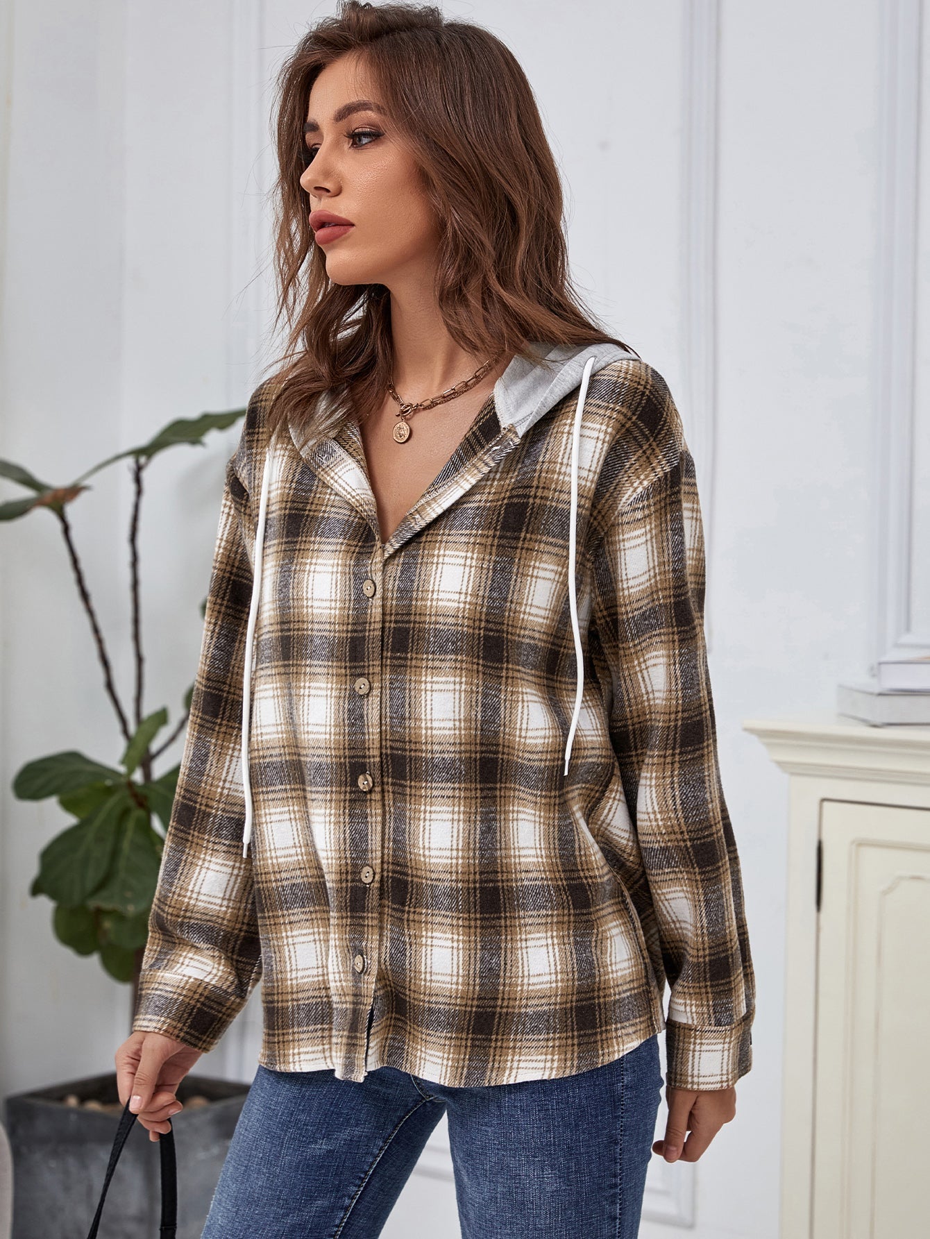 Contrast Hooded Plaid Blouse - Fashionpara