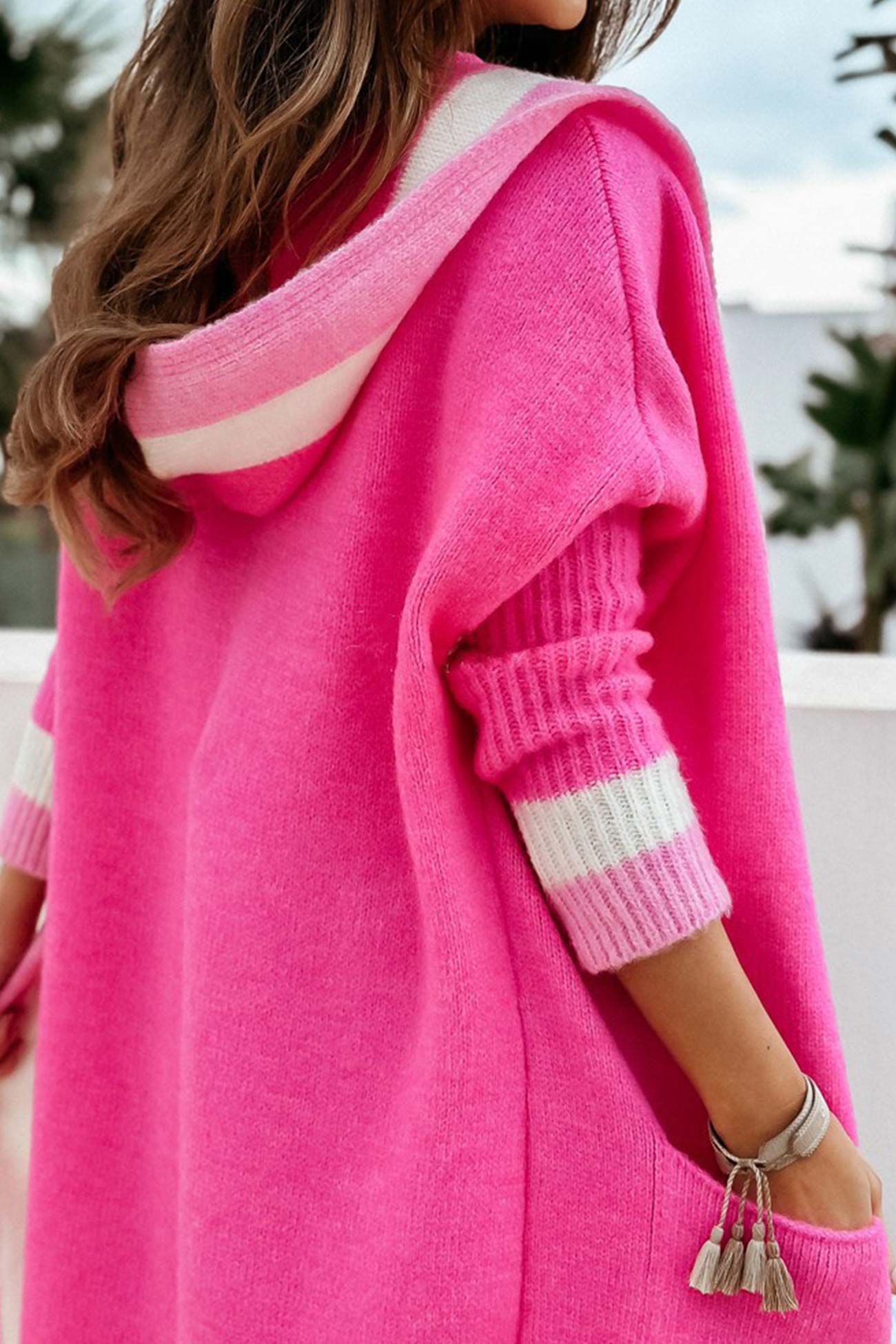 Contrast Hoodie Open Front Long Cardigan - Fashionpara