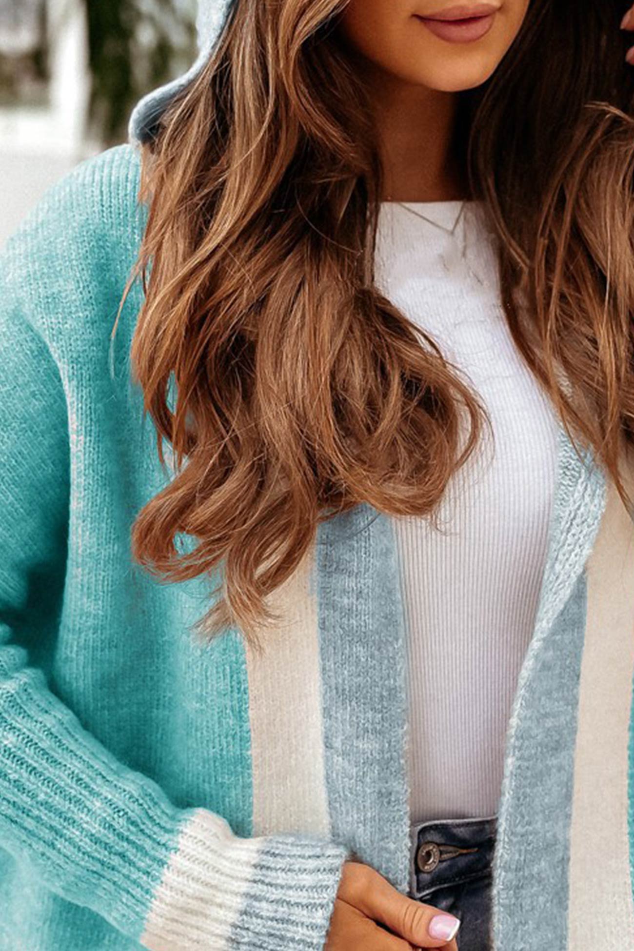 Contrast Hoodie Open Front Long Cardigan - Fashionpara