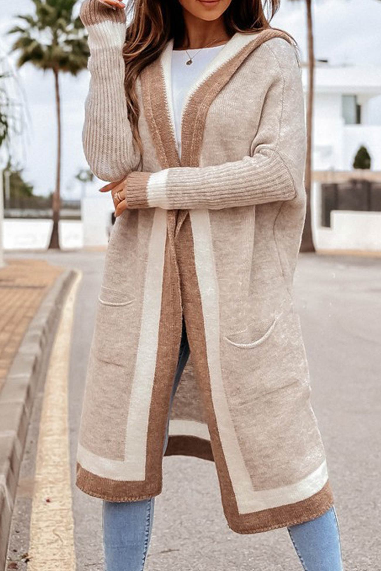 Contrast Hoodie Open Front Long Cardigan - Fashionpara