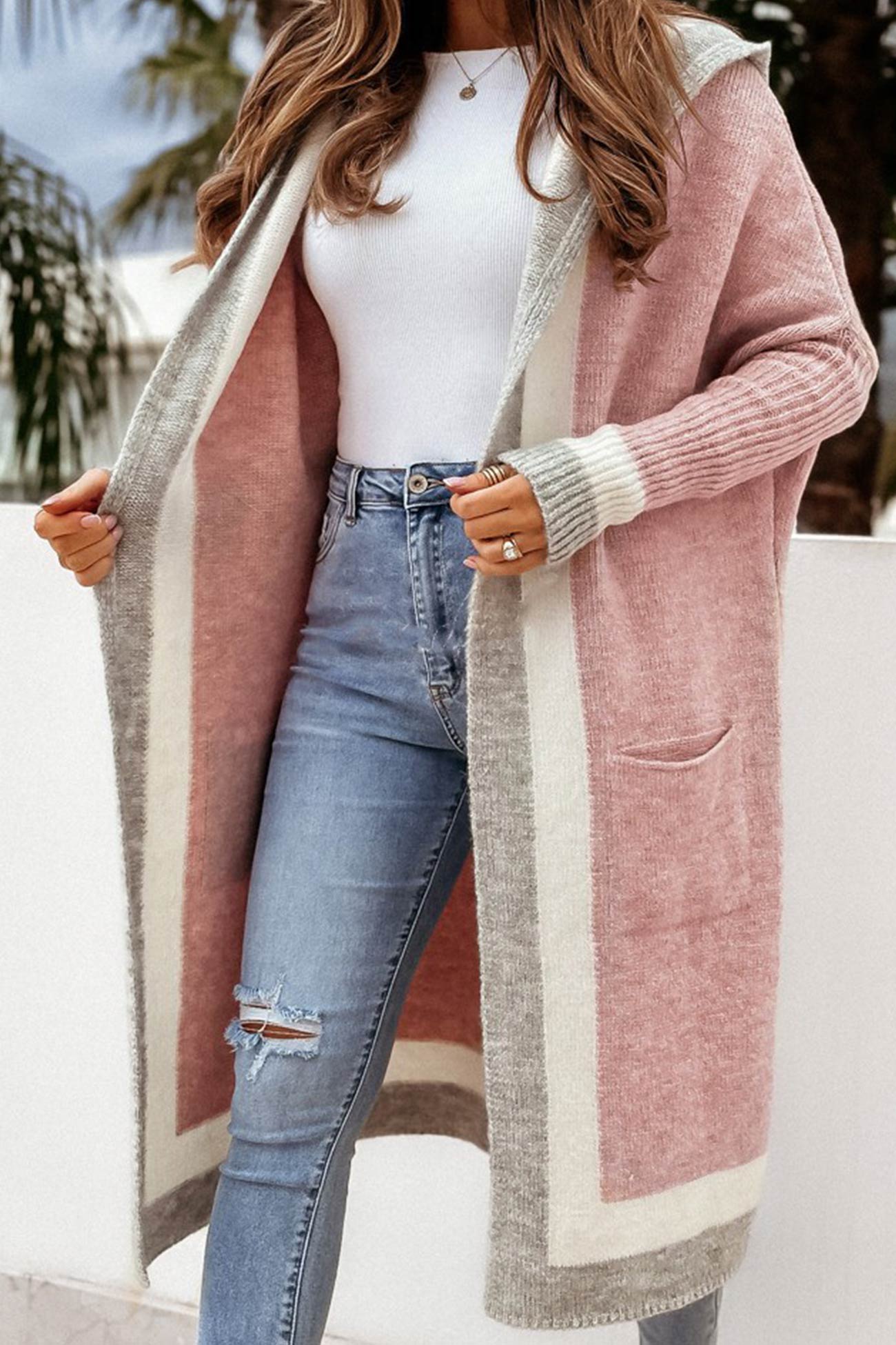 Contrast Hoodie Open Front Long Cardigan - Fashionpara