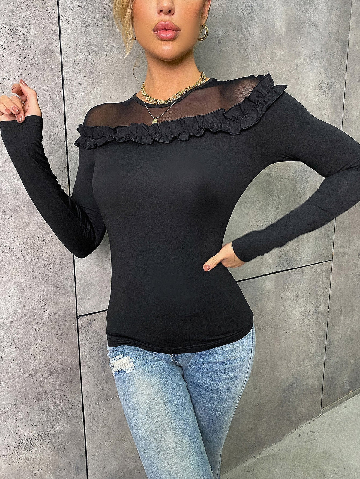 KittenAlarm - Contrast Mesh Ruffle Trim Tee