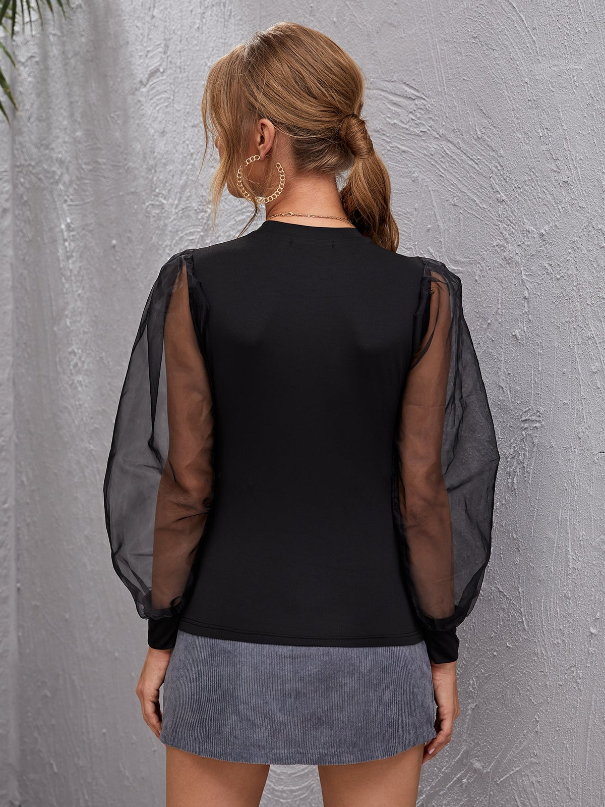 KittenAlarm - Contrast Sheer Mesh Bishop Sleeve Top