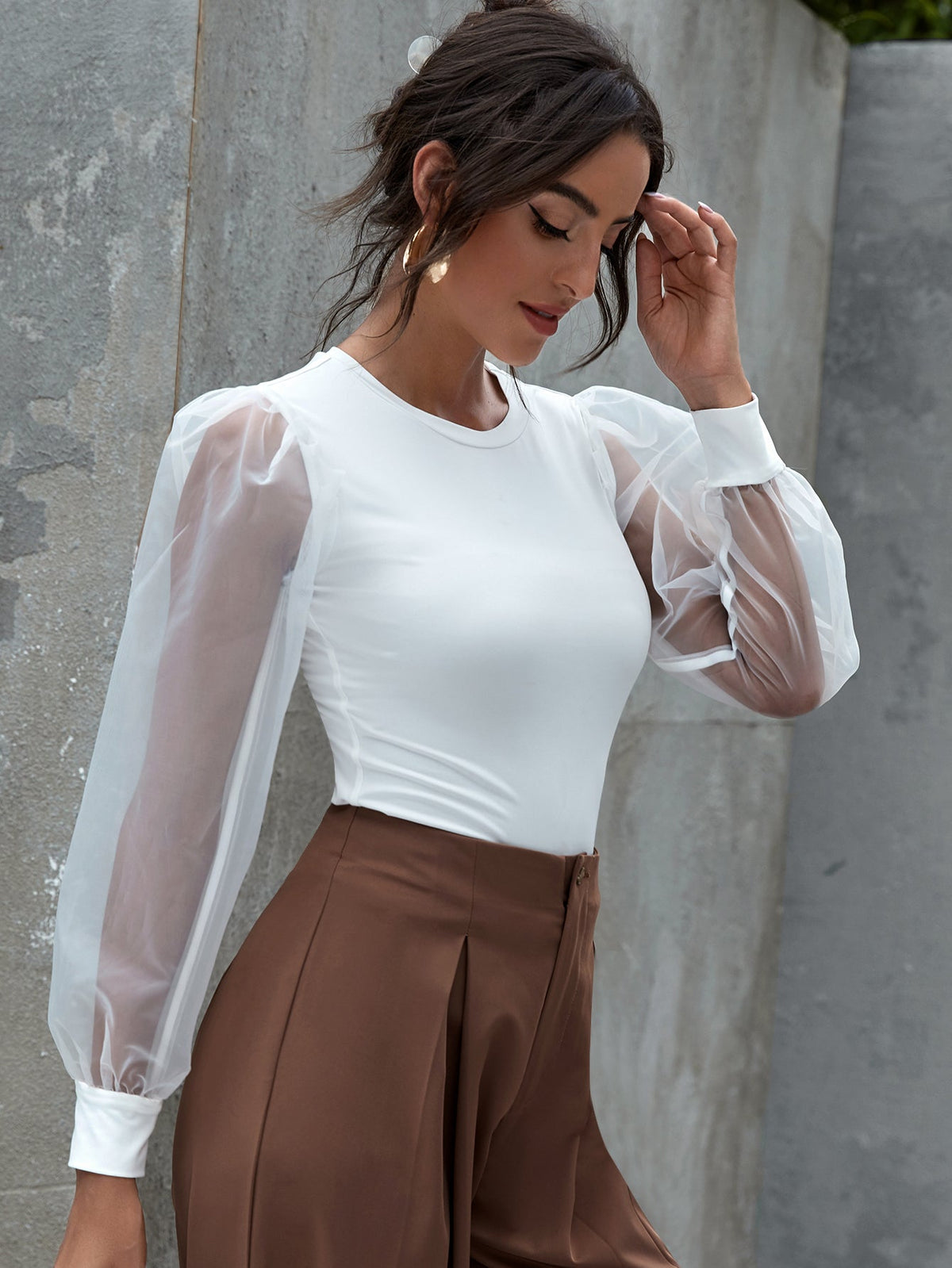 KittenAlarm - Contrast Sheer Mesh Bishop Sleeve Top