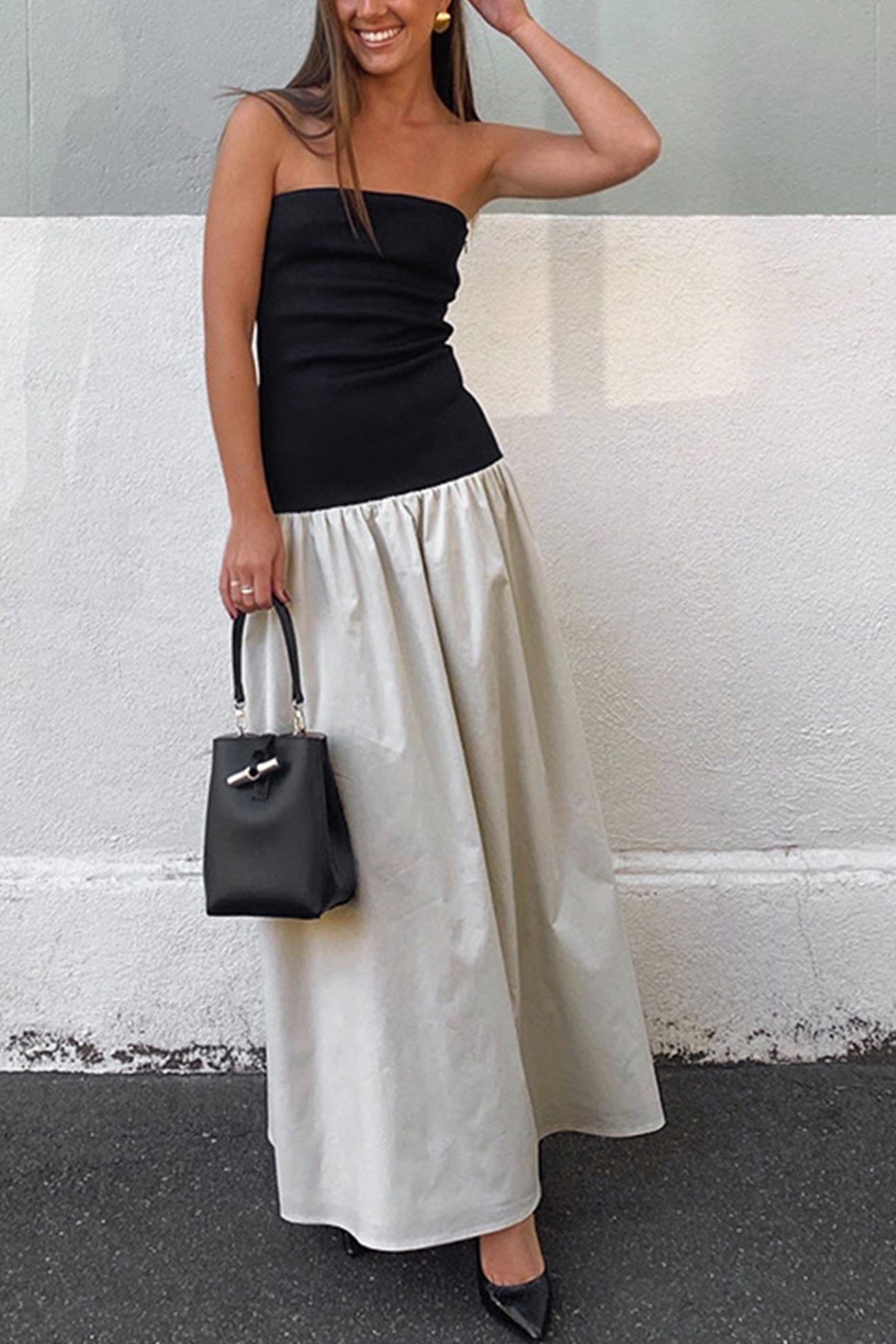 Contrast Strapless Ruched Dress - Fashionpara