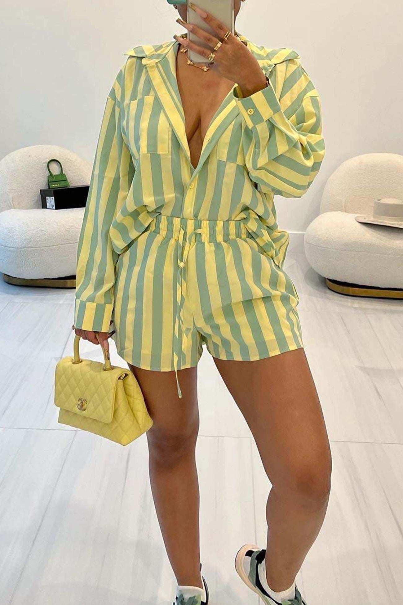 Contrast Striped Blouse Two-piece Shorts Set