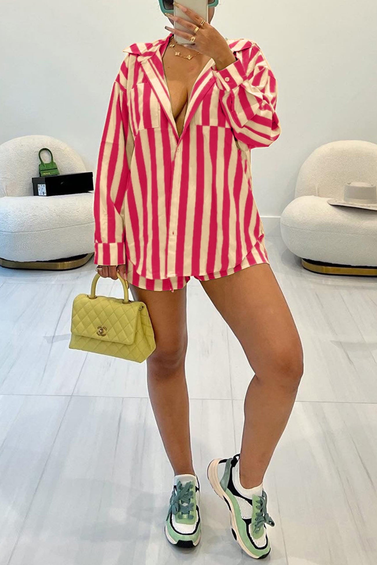Contrast Striped Blouse Two-piece Shorts Set