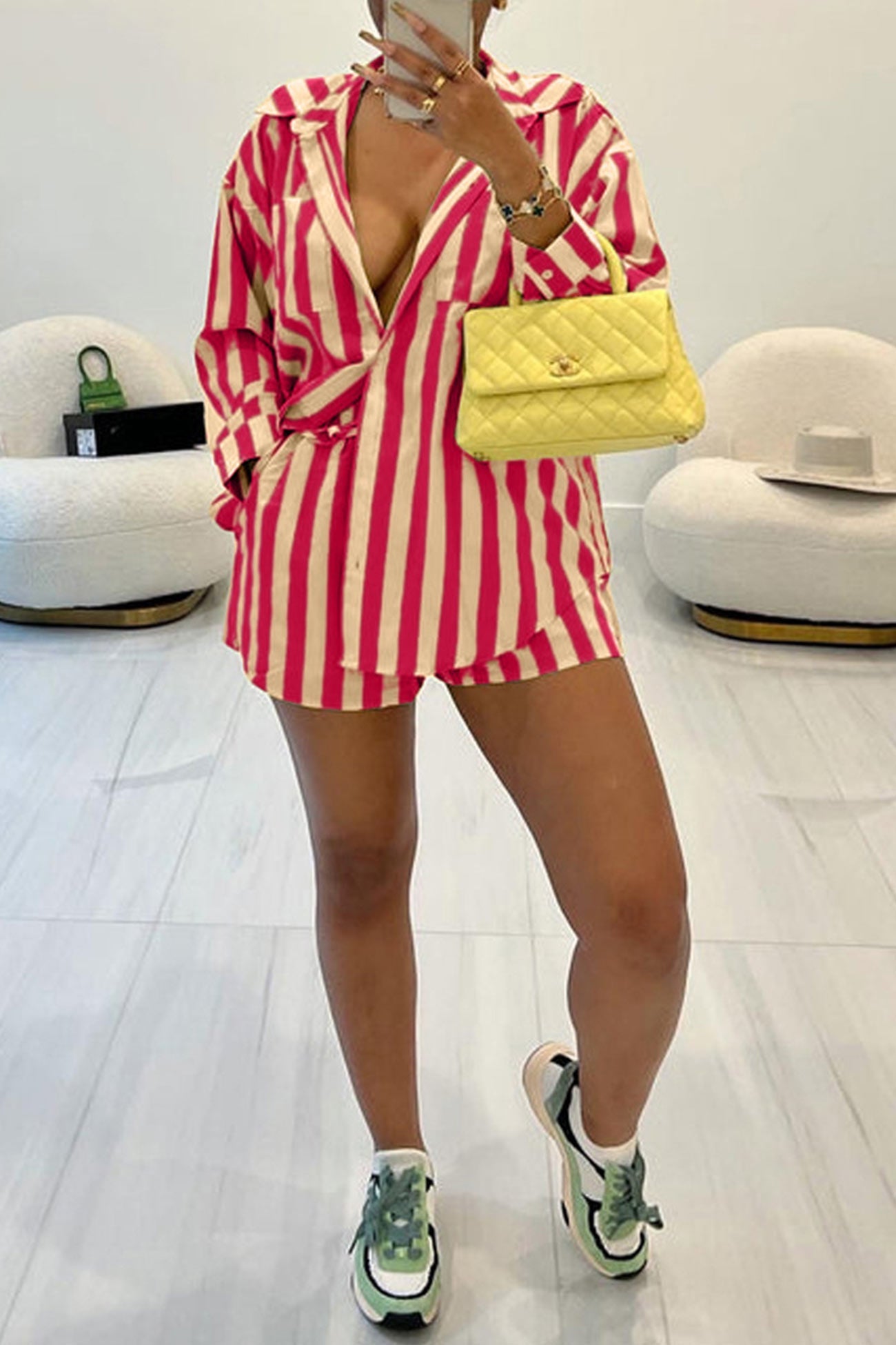 Contrast Striped Blouse Two-piece Shorts Set