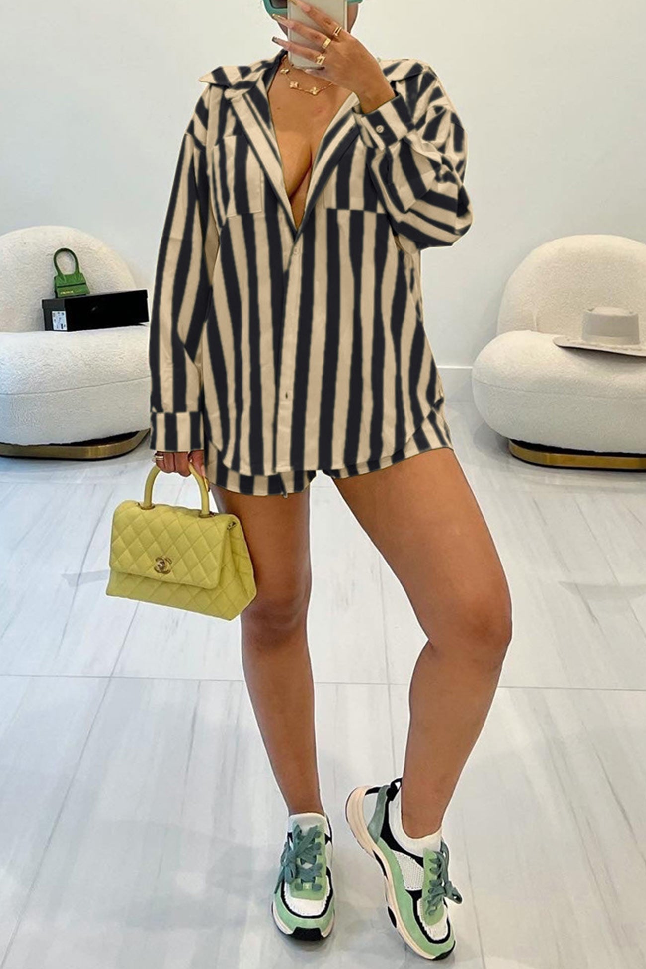 Contrast Striped Blouse Two-piece Shorts Set